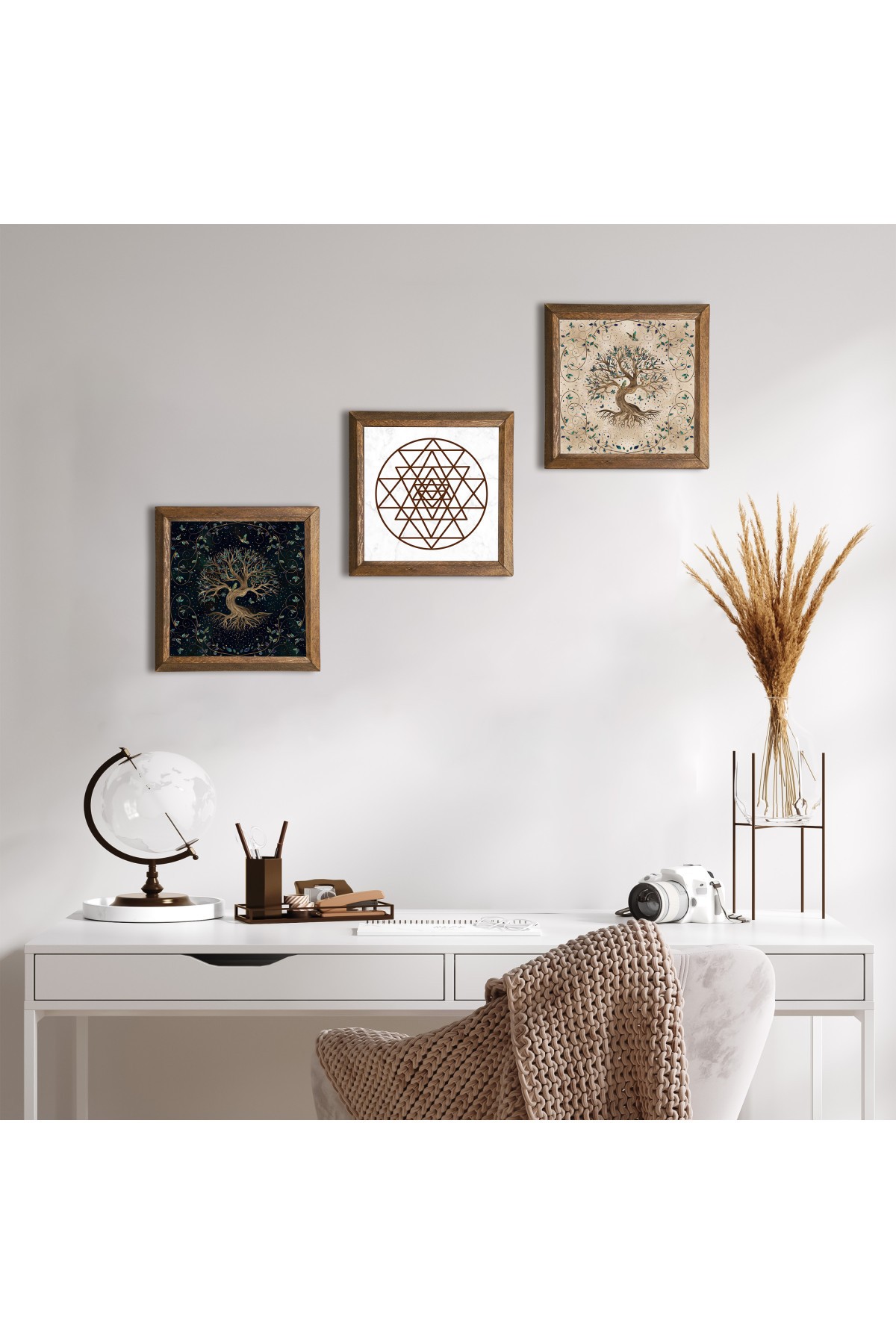 Sri Yantra, Hayat Ağacı Taş Duvar Tablosu Ahşap Çerçeveli Duvar Dekoru 3 Parça Tablo Seti Wall Art