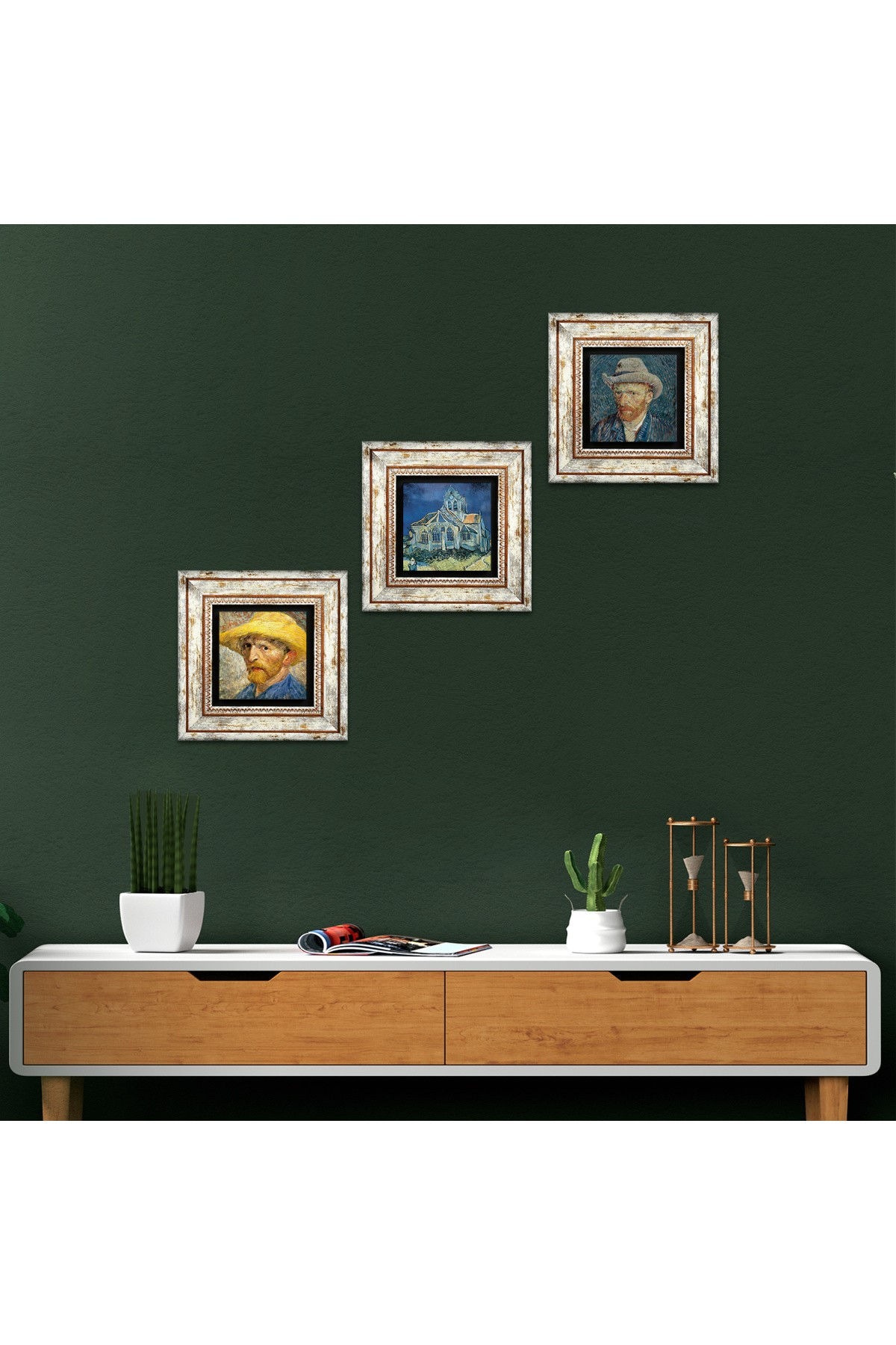 Van Gogh Church, Self-Portrait with Straw Hat, Self-Portrait Stone Wall Painting Framed Wall Decor 3 Piece Painting Set Wall Art