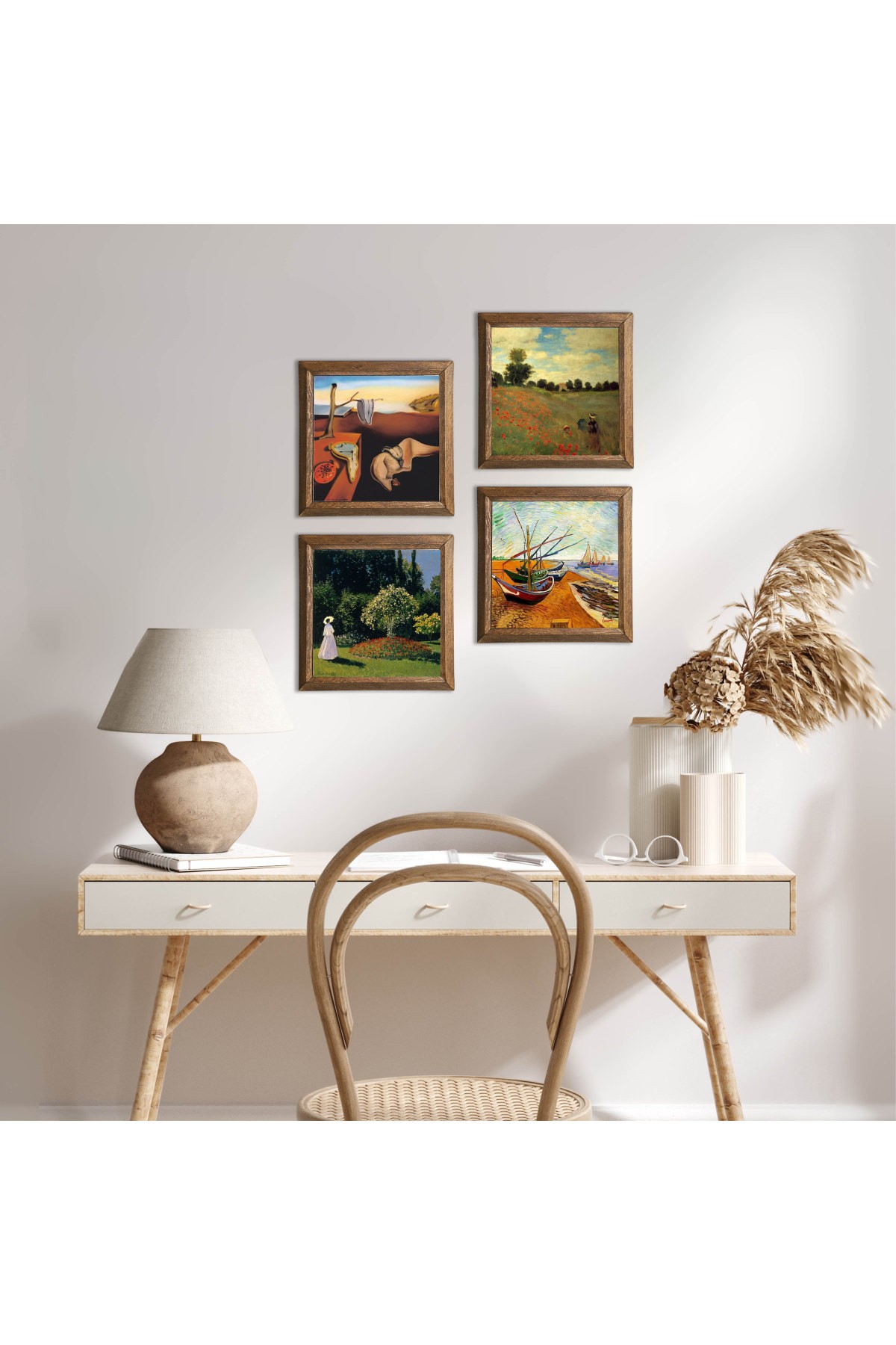 Salvador Dalí, Van Gogh, Claude Monet Stone Wall Painting Wood Framed Wall Decor 4 Piece Painting Set Wall Art