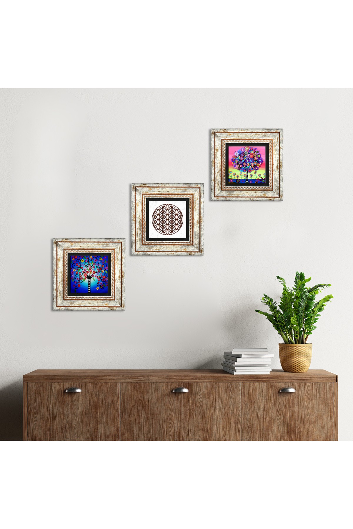 Flower of Life, Tree of Life Stone Wall Painting Framed Wall Decor 3 Piece Painting Set Wall Art