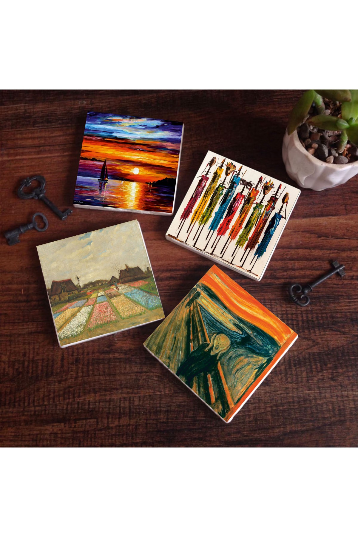 Van Gogh Hollanda'da Lale Tarlaları, Çığlık, Yerli Kadınlar, Deniz Manzarası Taş Bardak Altlığı Masaüstü Koruyucu Altlık 4 Parça Set 10x10cm Stone Coasters