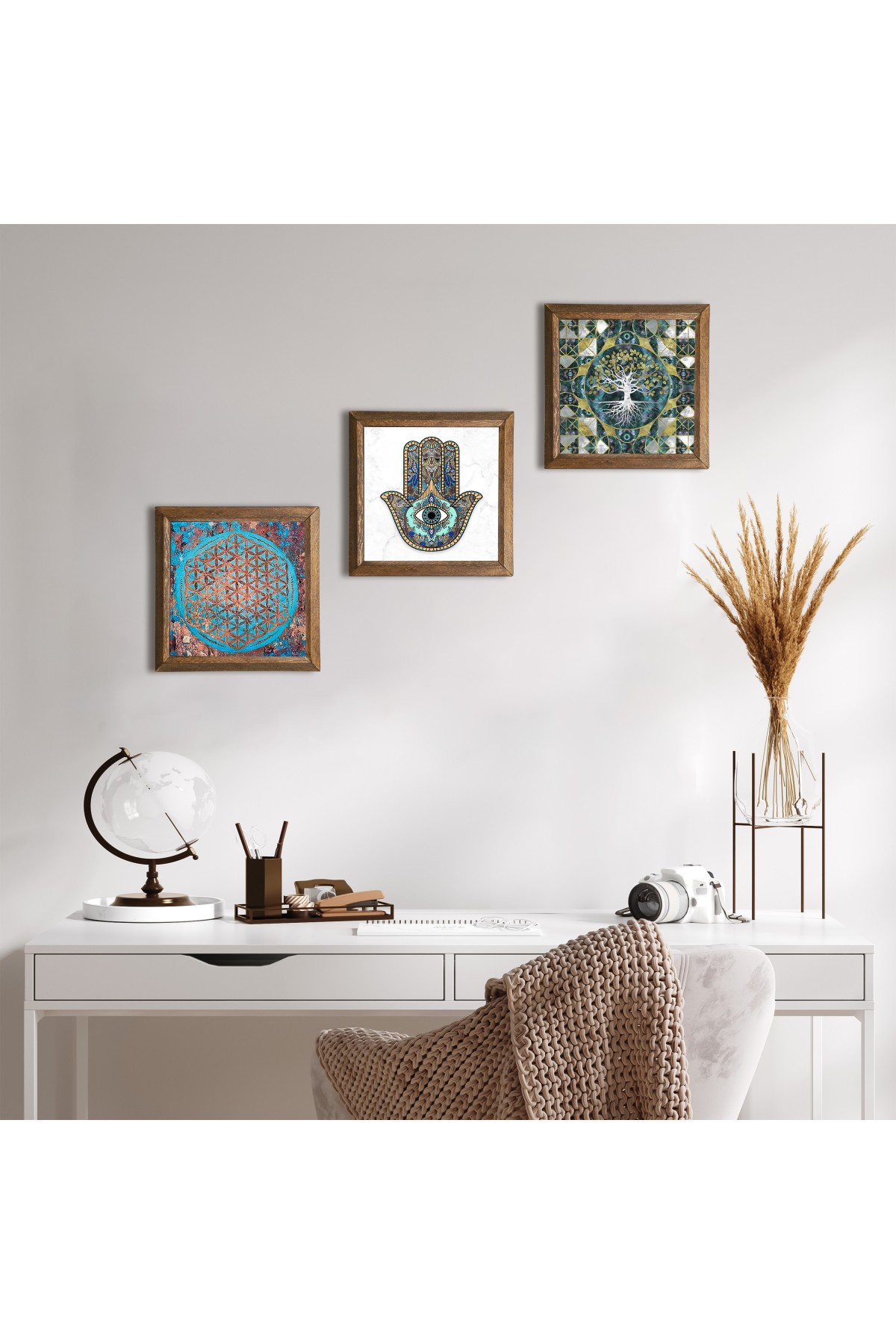 Tree of Life, Flower of Life, Hand of Mother Fatima (Hamsa) Stone Wall Painting Wooden Framed Wall Decor 3 Piece Painting Set Wall Art