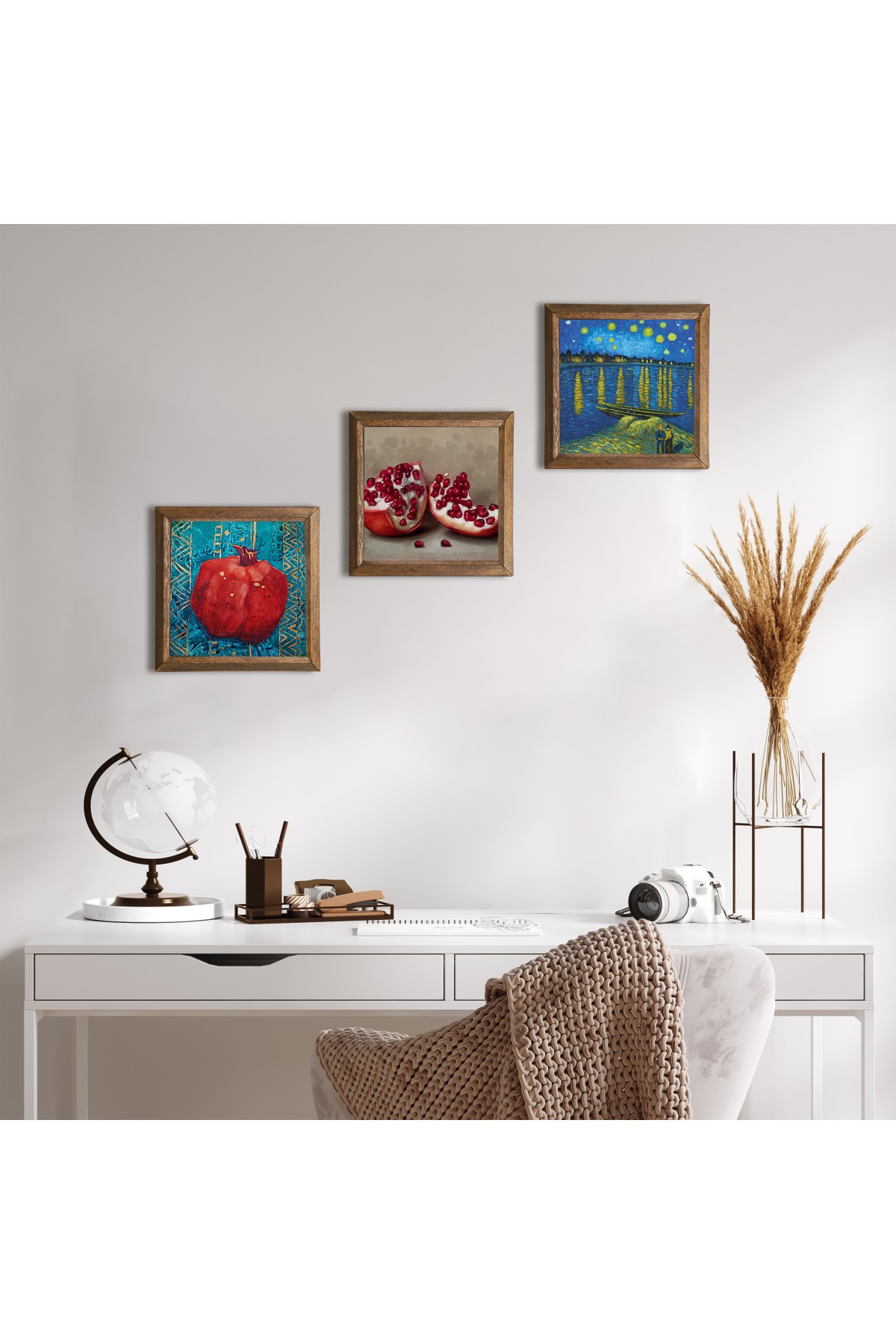 Van Gogh A Starry Night on the Rhine, Pomegranate Stone Wall Painting Wooden Framed Wall Decor 3 Piece Painting Set Wall Art