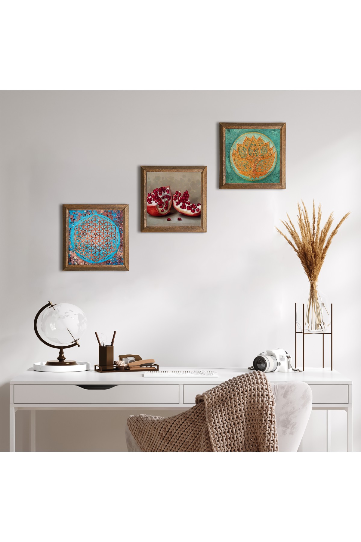 Yaşam Çiçeği, Lotus Çiçeği, Nar Taş Duvar Tablosu Ahşap Çerçeveli Duvar Dekoru 3 Parça Tablo Seti Wall Art