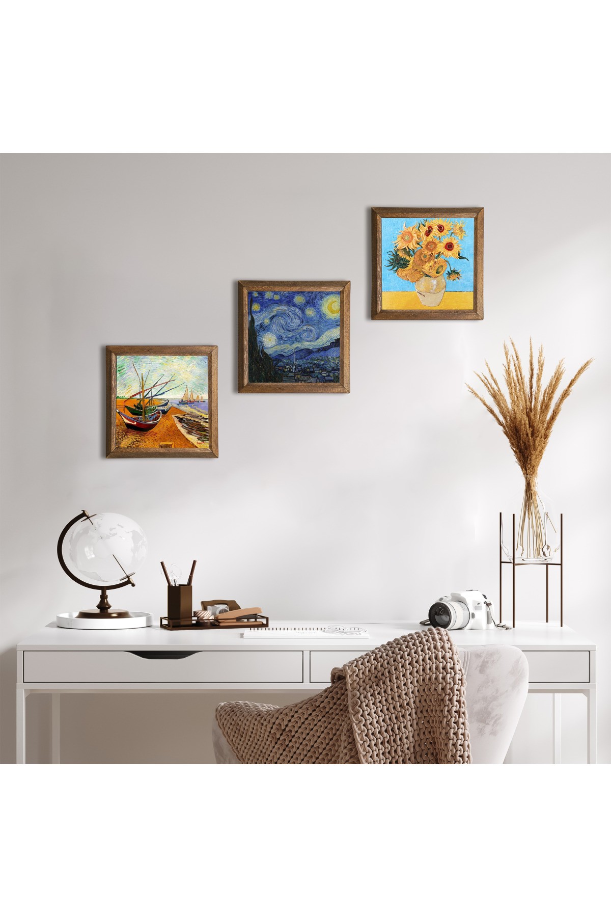 Van Gogh Taş Duvar Tablosu Ahşap Çerçeveli Duvar Dekoru 3 Parça Tablo Seti Wall Art