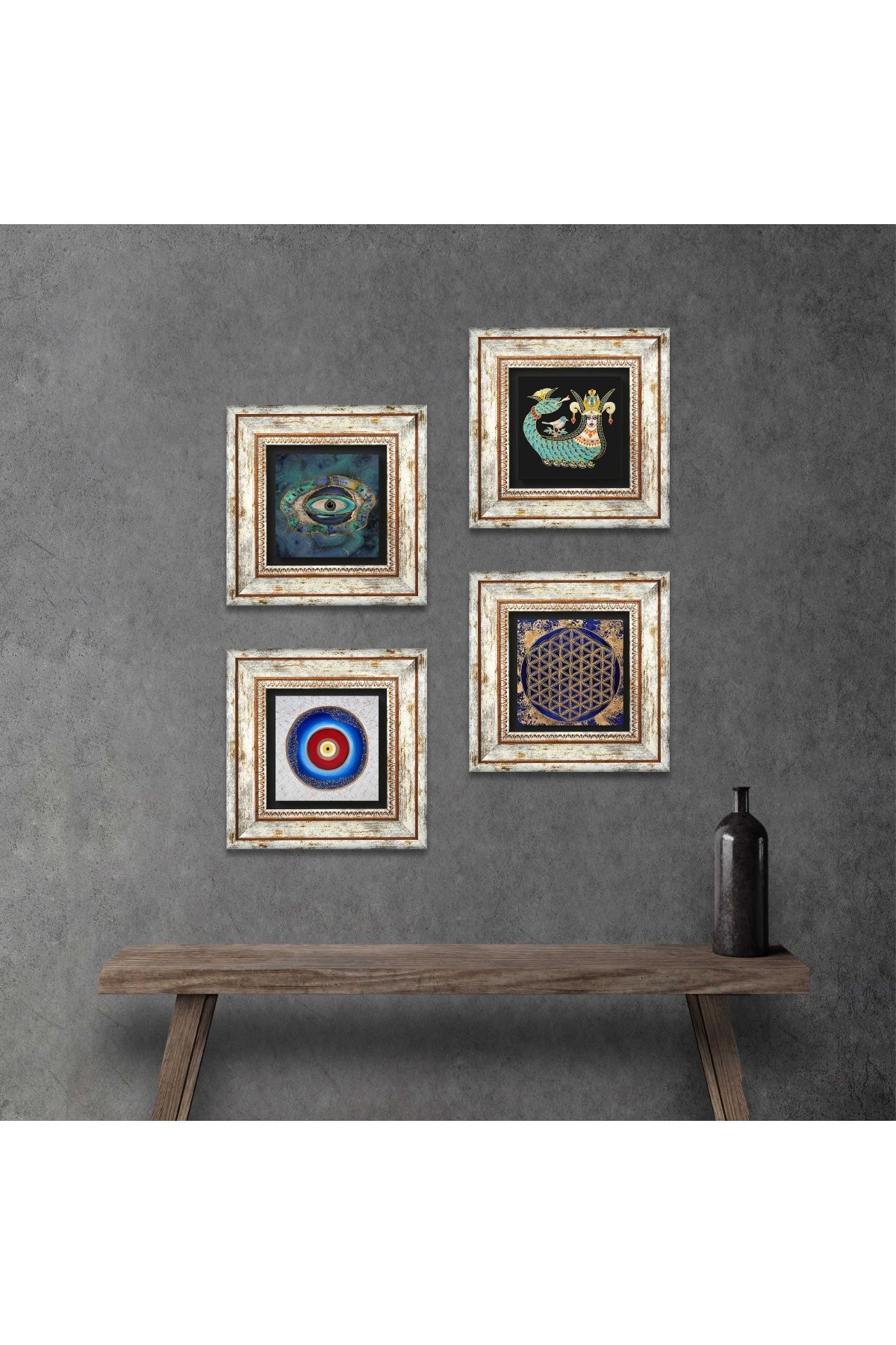 Evil Eye, Flower of Life, Shahmaran Stone Wall Painting Framed Wall Decor 4 Piece Painting Set Wall Art