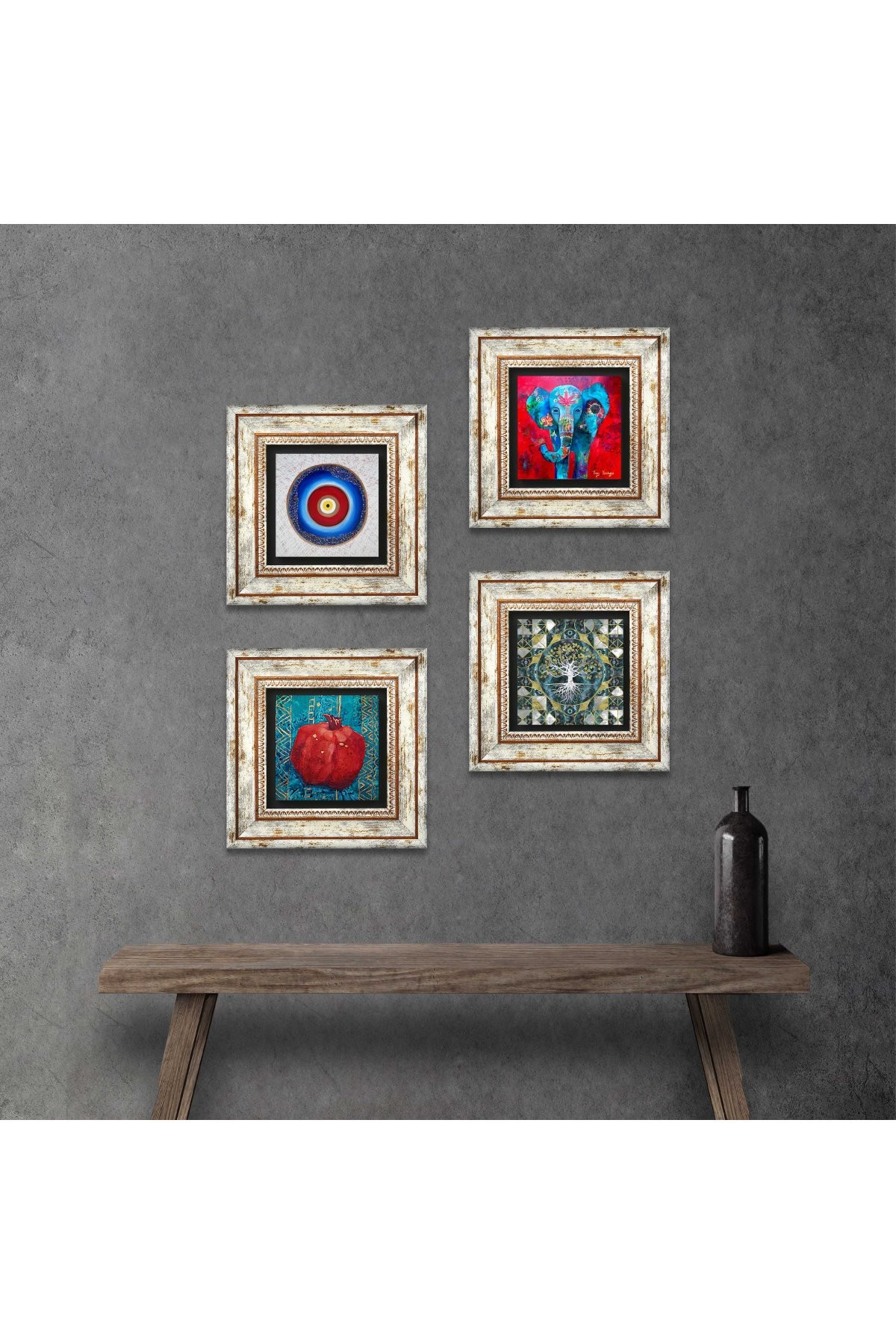 Evil Eye, Tree of Life, Elephant, Pomegranate Stone Wall Painting Framed Wall Decor 4 Piece Painting Set Wall Art