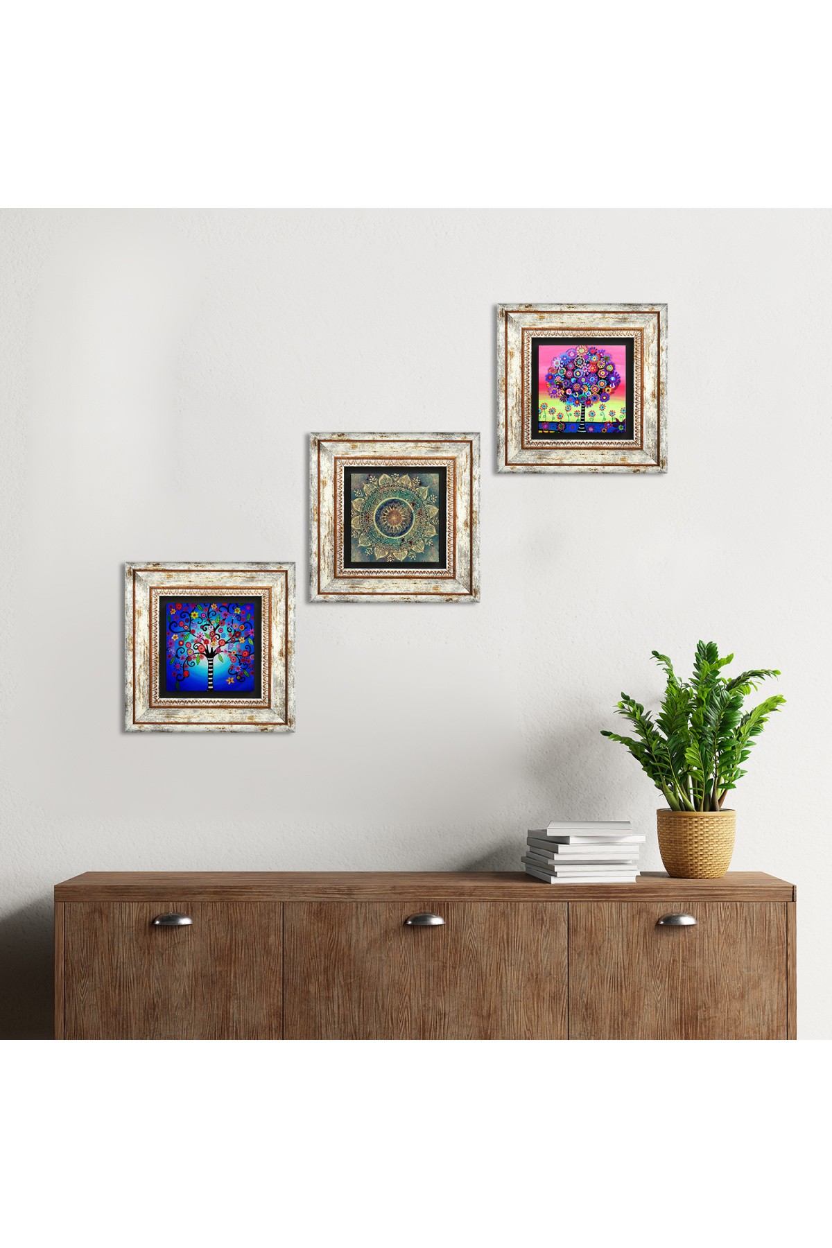 Mandala, Hayat Ağacı Taş Duvar Tablosu Çerçeveli Duvar Dekoru 3 Parça Tablo Seti Wall Art