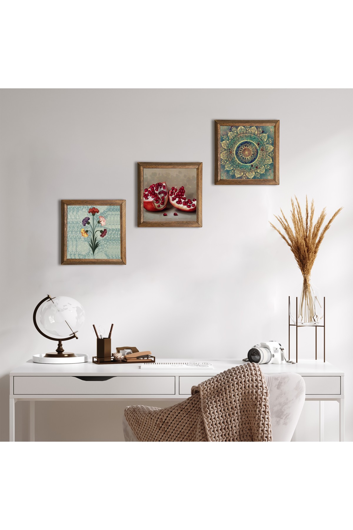 Ebru Sanatı, Mandala, Nar Taş Duvar Tablosu Ahşap Çerçeveli Duvar Dekoru 3 Parça Tablo Seti Wall Art