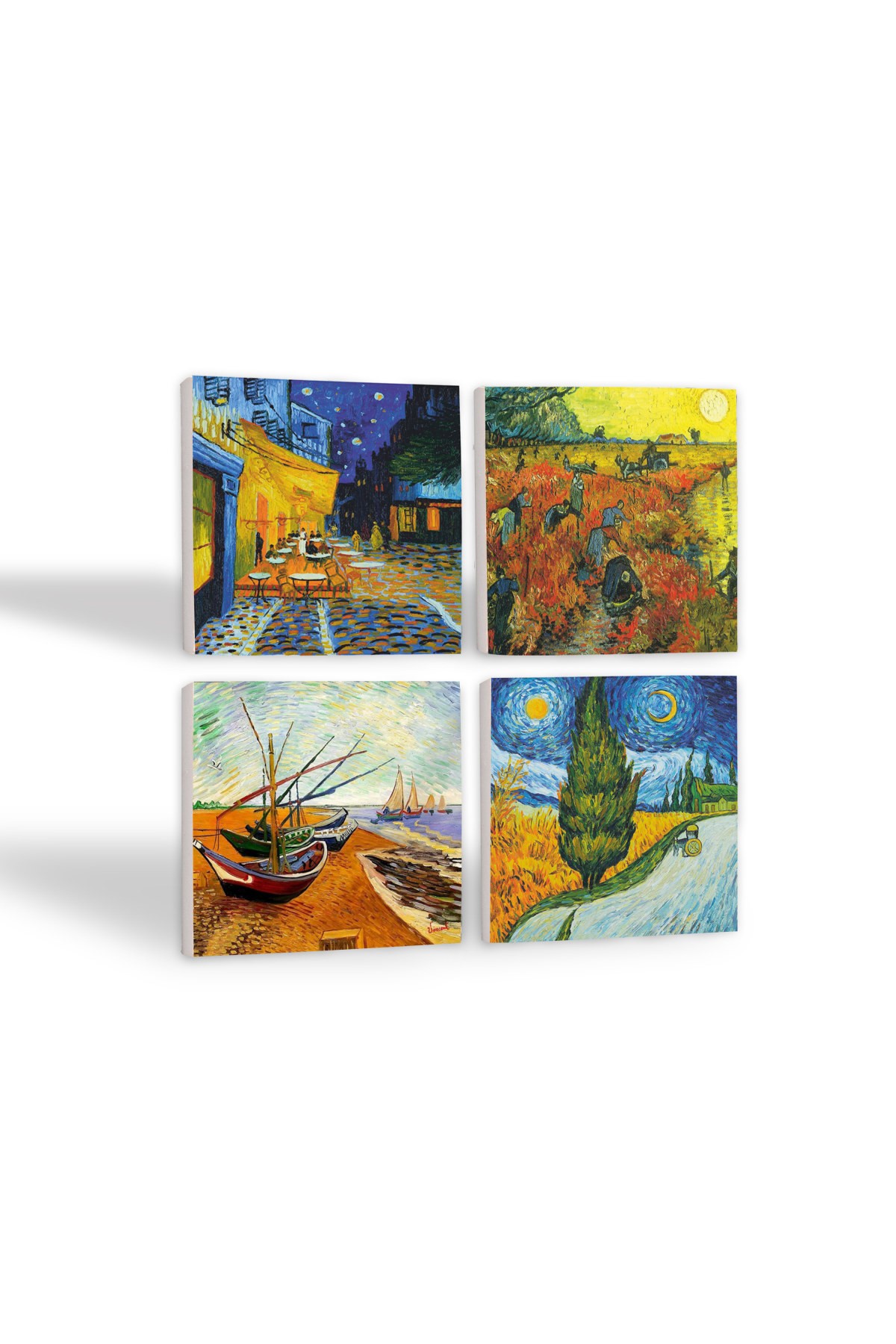 Van Gogh Selvili Yol, Kırmızı Bağ, Kafe Terasta Gece, Balıkçı Tekneleri Taş Bardak Altlığı Masaüstü Koruyucu Altlık 4 Parça Set 10x10cm Stone Coasters