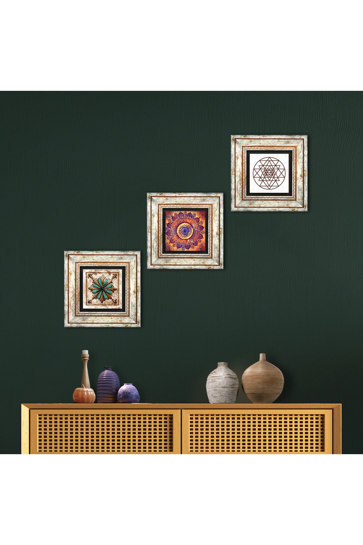 Mandala, Sri Yantra, Fas Desenli Vintage Taş Duvar Tablosu Çerçeveli Duvar Dekoru 3 Parça Tablo Seti Wall Art