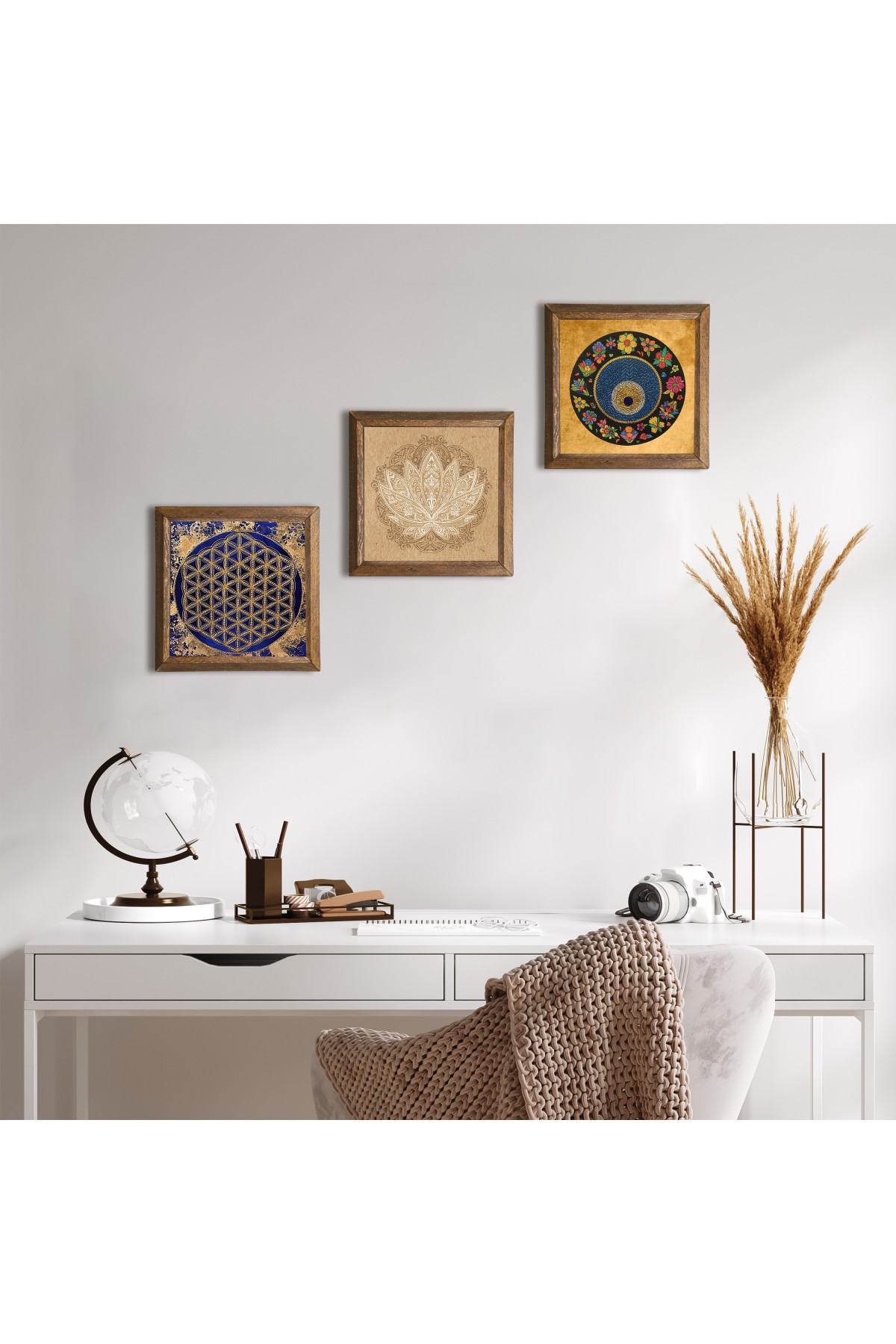 Lotus Çiçeği, Yaşam Çiçeği, Nazar Taş Duvar Tablosu Ahşap Çerçeveli Duvar Dekoru 3 Parça Tablo Seti Wall Art