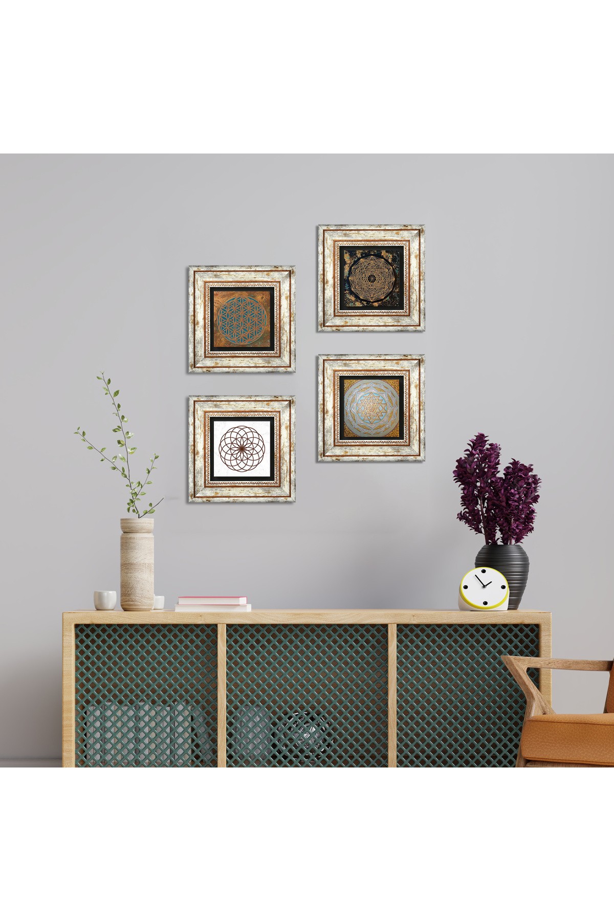 Yaşam Çiçeği, Sri Yantra Taş Duvar Tablosu Çerçeveli Duvar Dekoru 4 Parça Tablo Seti Wall Art