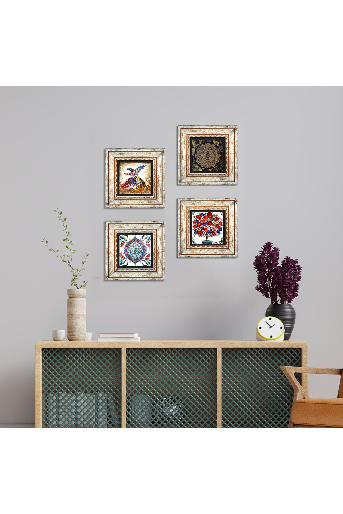 Sri Yantra, Çini Sanatı, Semazen, Nar Ağacı Taş Duvar Tablosu Çerçeveli Duvar Dekoru 4 Parça Tablo Seti Wall Art