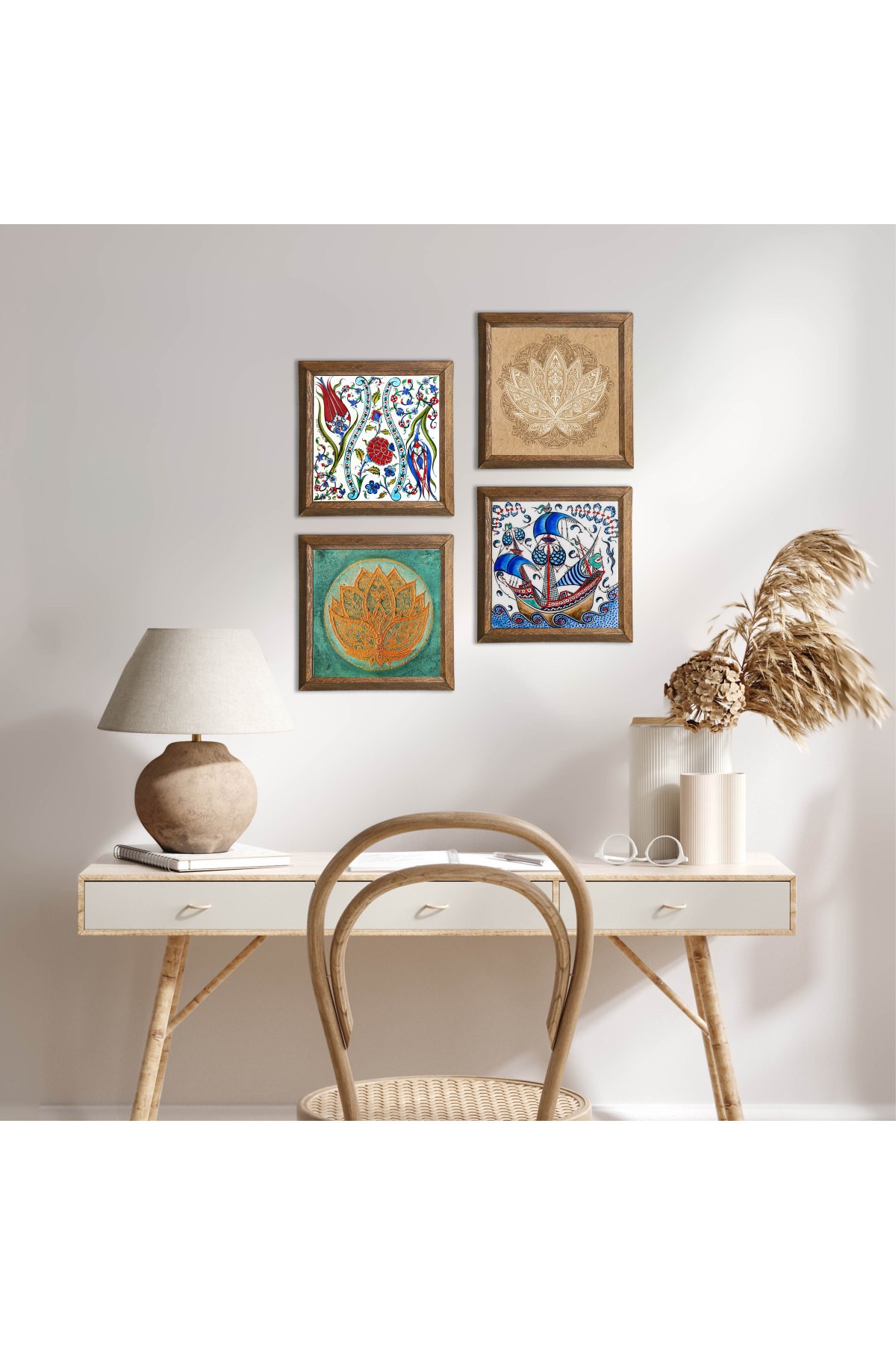 Çini Sanatı Yelkenli Gemi, Lale, Lotus Çiçeği Taş Duvar Tablosu Ahşap Çerçeveli Duvar Dekoru 4 Parça Tablo Seti Wall Art