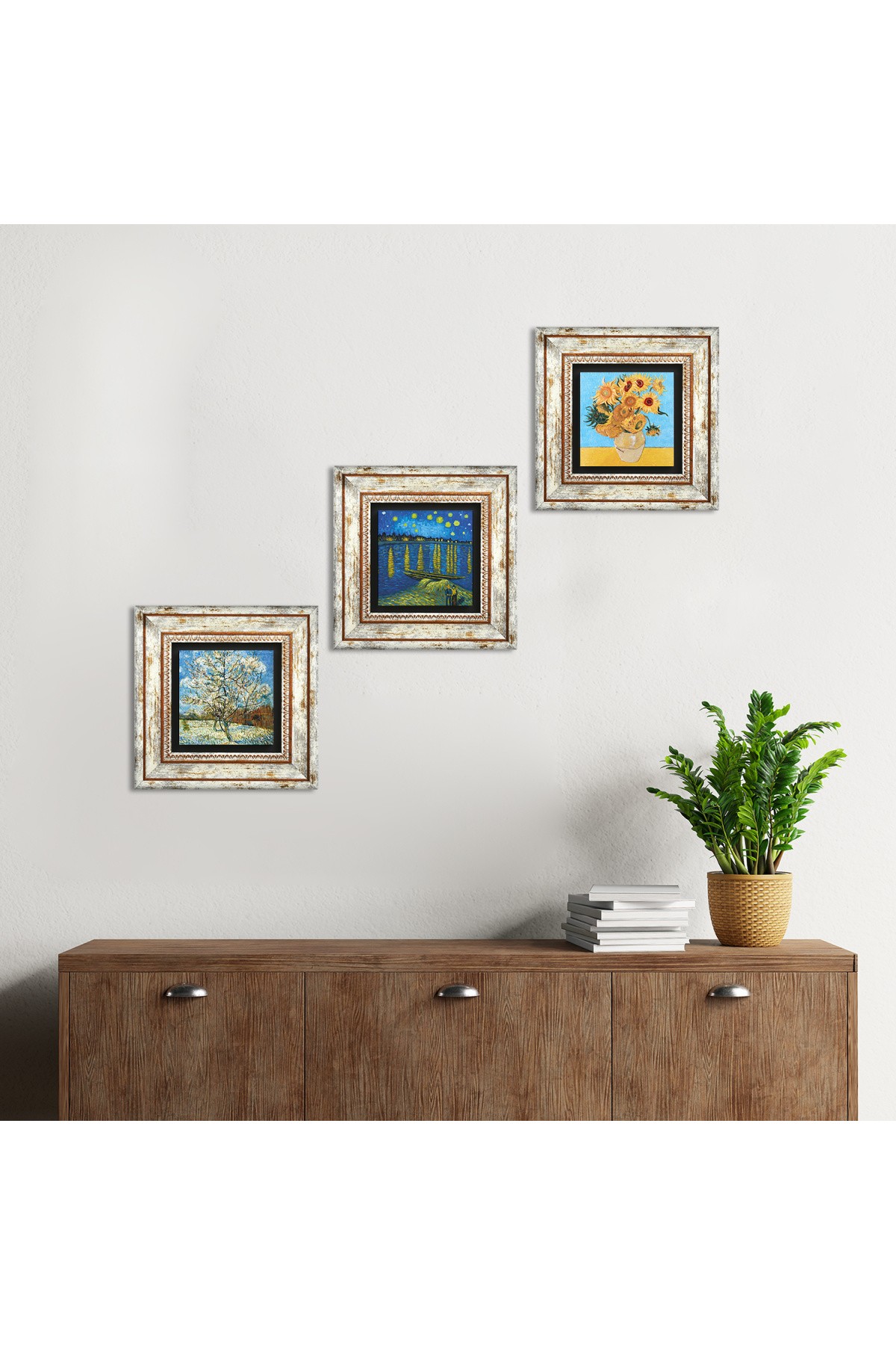 Van Gogh Taş Duvar Tablosu Çerçeveli Duvar Dekoru 3 Parça Tablo Seti Wall Art