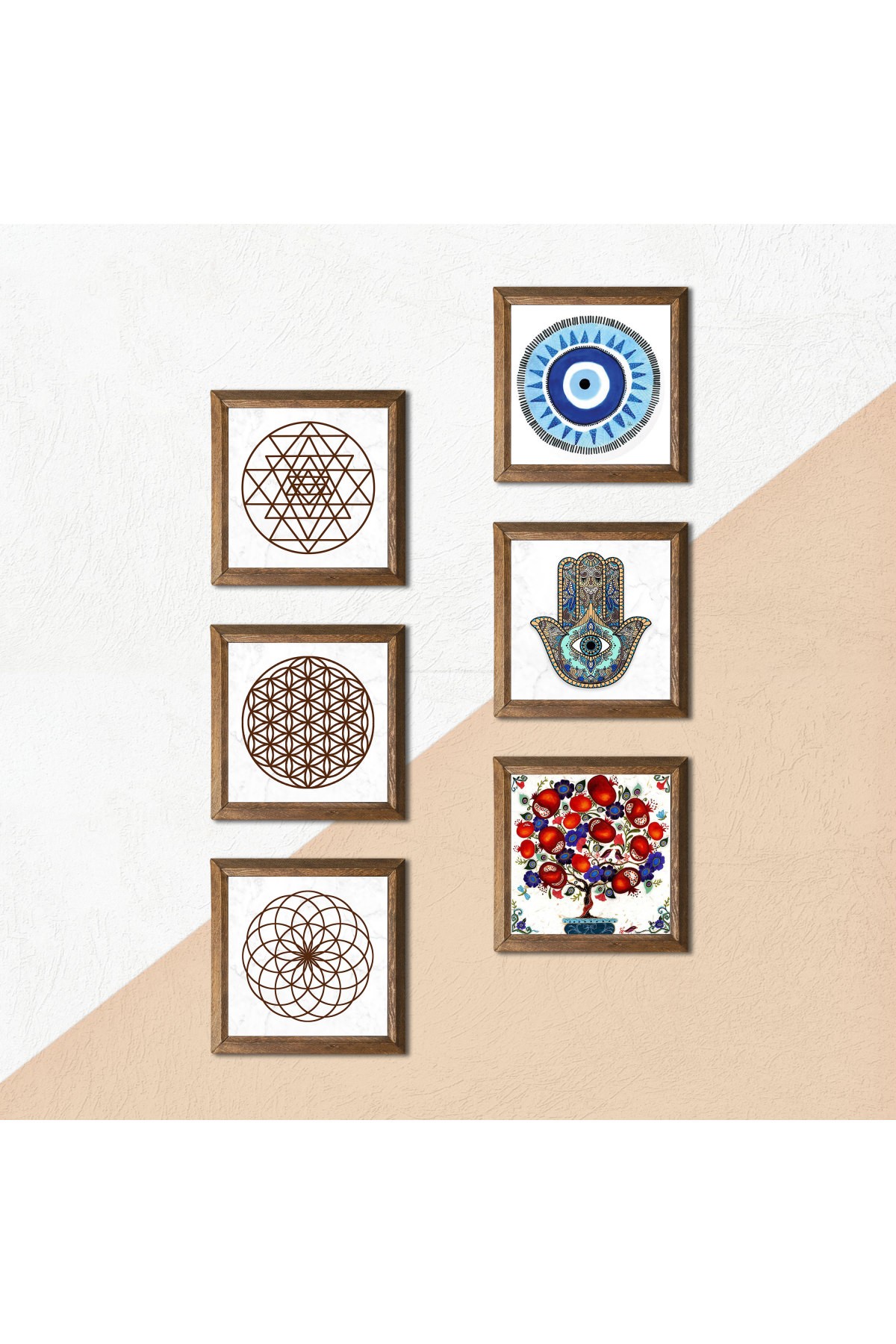 Nazar, Yaşam Çiçeği, Sri Yantra, Nar Ağacı, Fatma Ana Eli (Hamsa) Taş Duvar Tablosu Ahşap Çerçeveli Duvar Dekoru 6 Parça Tablo Seti Wall Art