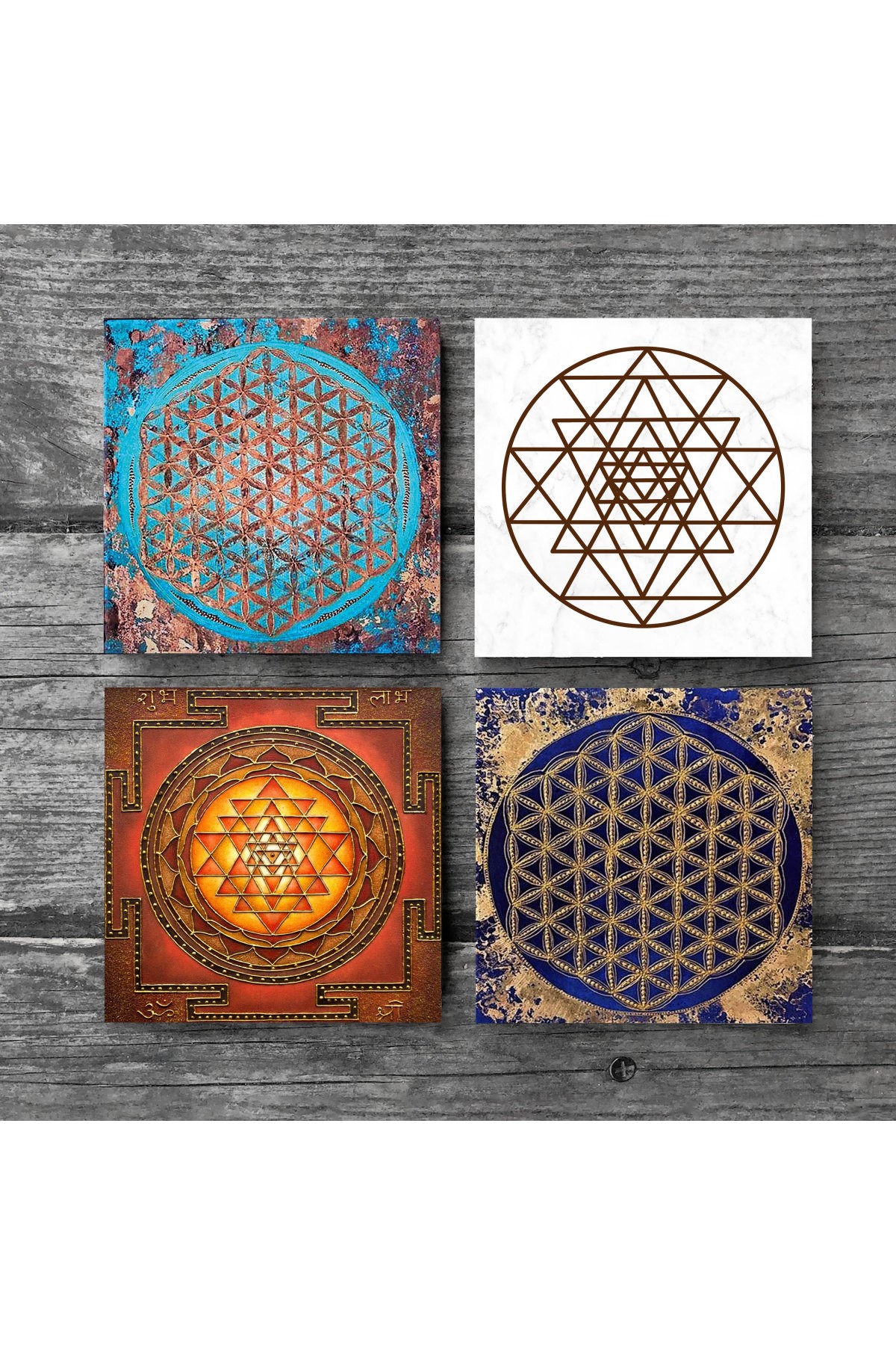 Flower of Life, Sri Yantra Stone Coasters Desktop Protective Coasters 4 Piece Set 10x10cm Stone Coasters