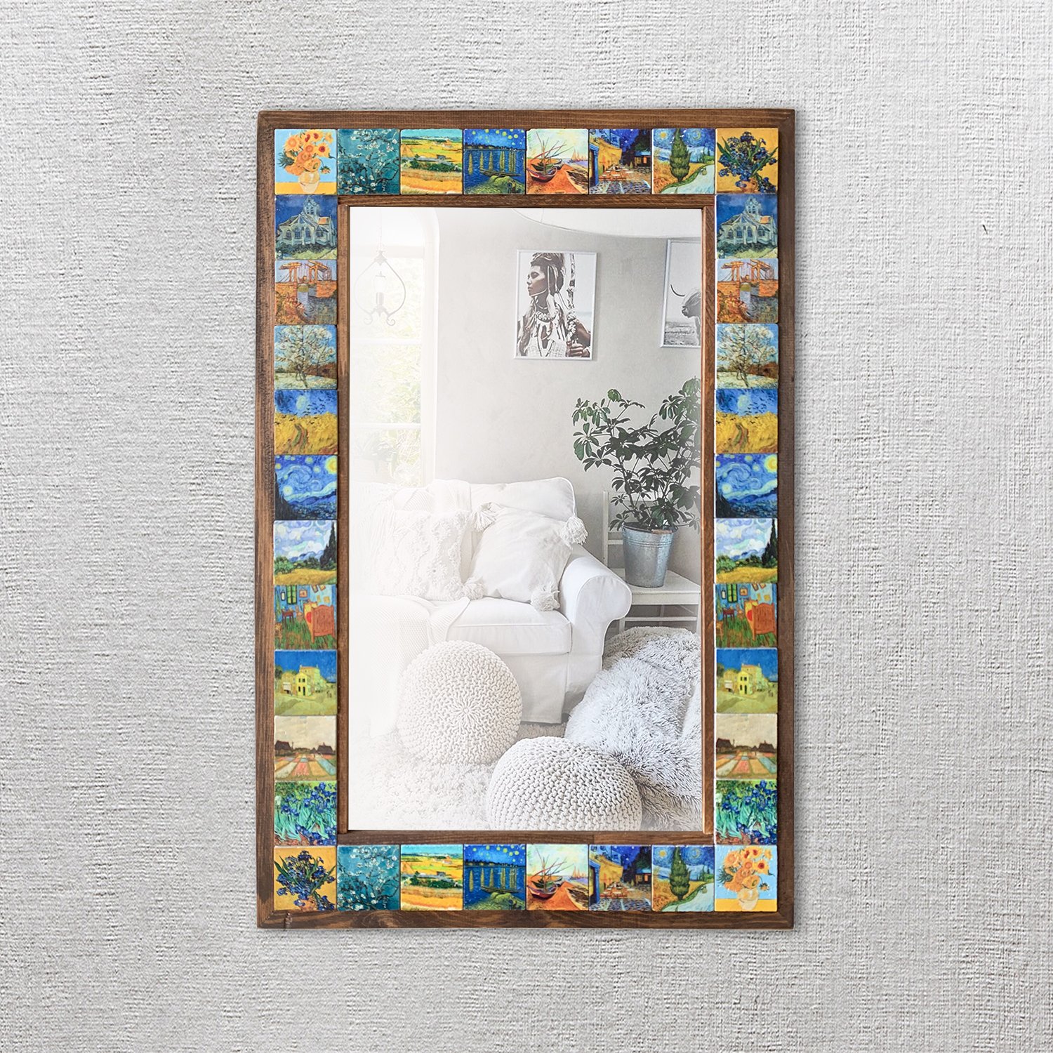 Van Gogh Taş Duvar Aynası, Ahşap Çerçeveli Dekoratif Ayna, Salon Konsol Boy Aynası, Wall Mirror