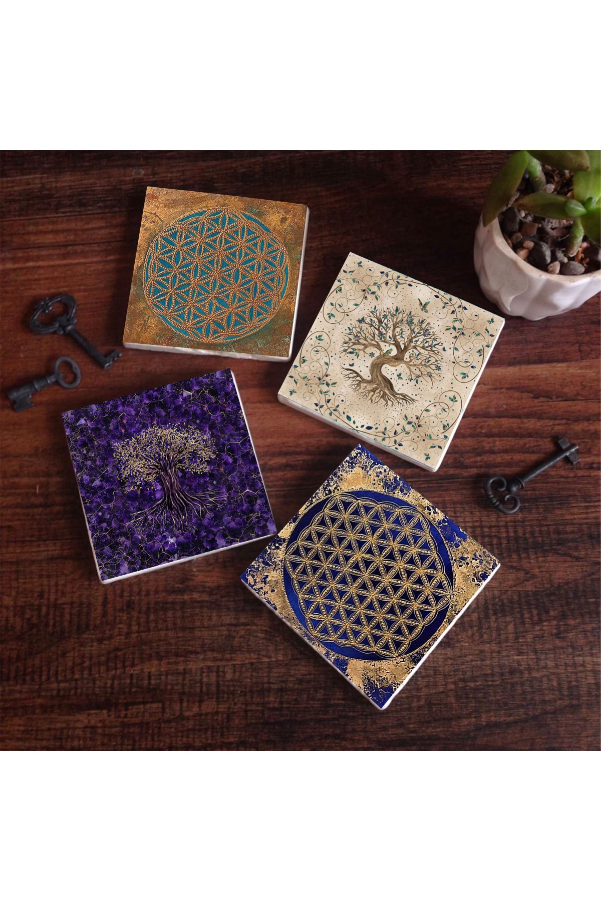 Flower of Life, Tree of Life Stone Coasters Desktop Protective Coasters 4 Piece Set 10x10cm Stone Coasters