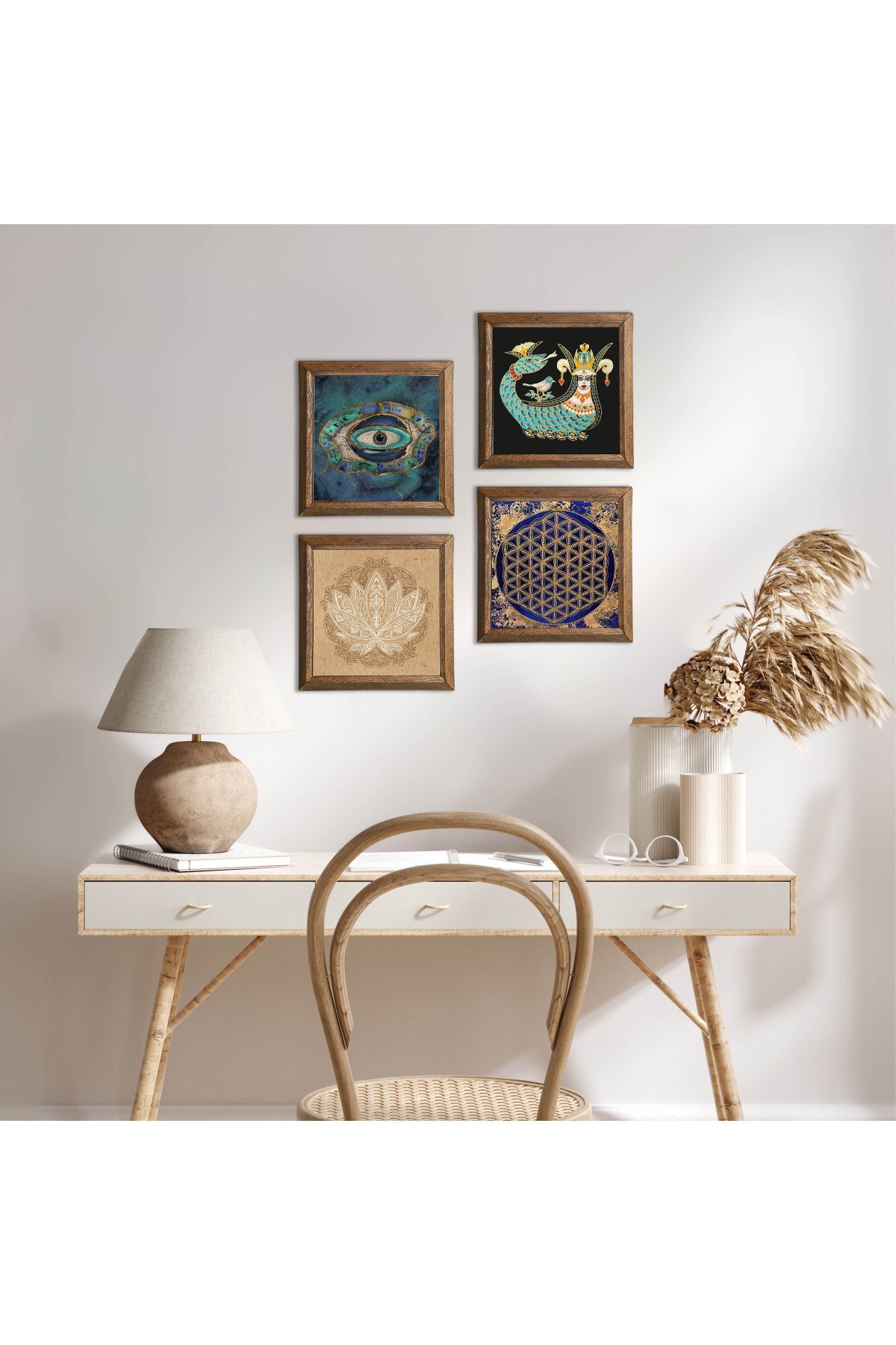 Nazar, Lotus Çiçeği, Yaşam Çiçeği, Şahmeran Taş Duvar Tablosu Ahşap Çerçeveli Duvar Dekoru 4 Parça Tablo Seti Wall Art