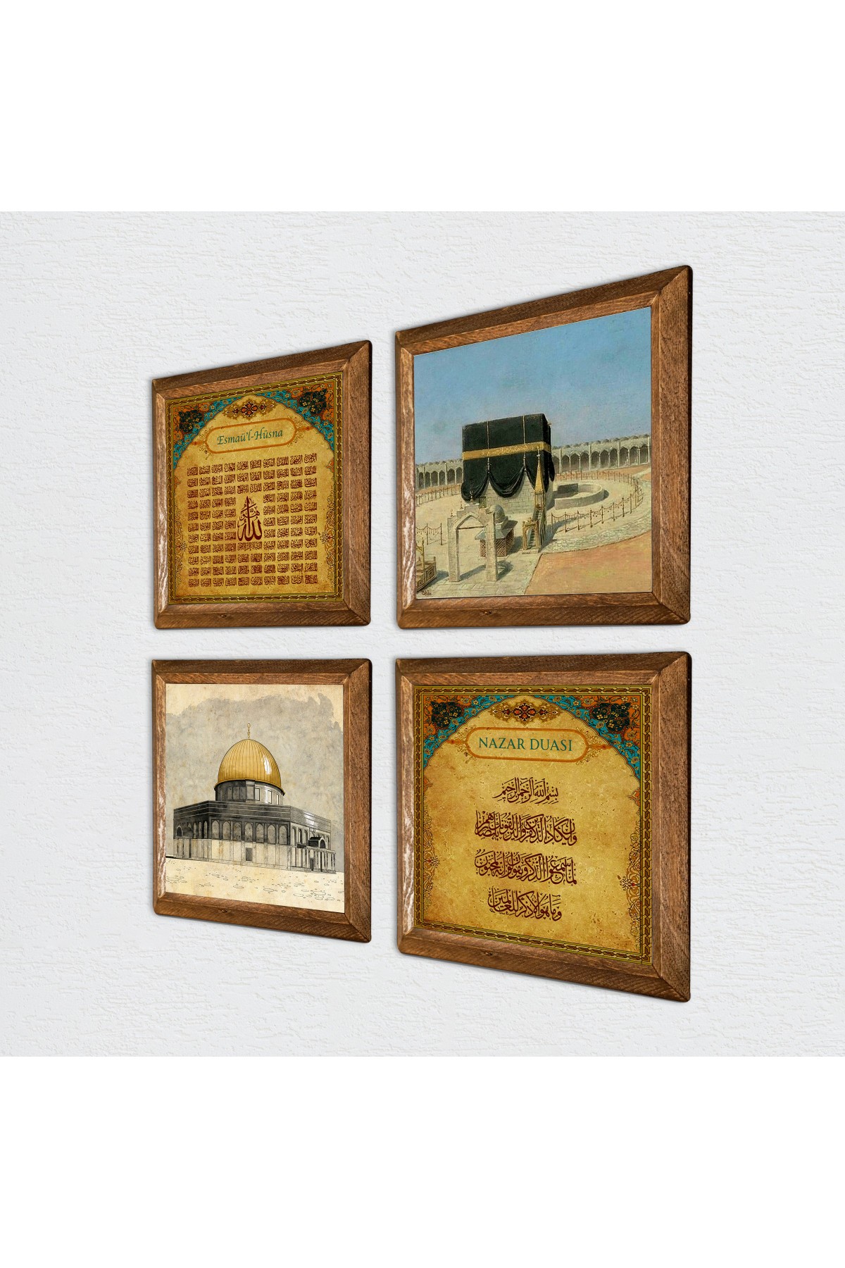 Kaaba-i Muazzama, Masjid al-Aqsa, Evil Eye Prayer, Esma'ul Husna Stone Wall Painting Wooden Framed Wall Decoration 4 Piece Painting Set Wall Art