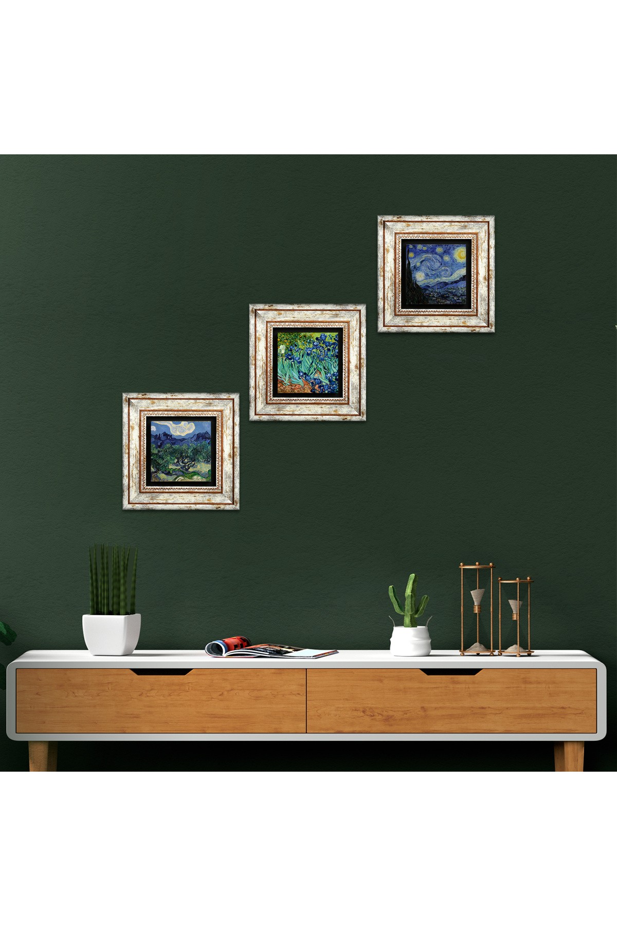 Van Gogh Olive Trees, Irises, Starry Night Stone Wall Painting Framed Wall Decor 3 Piece Painting Set Wall Art