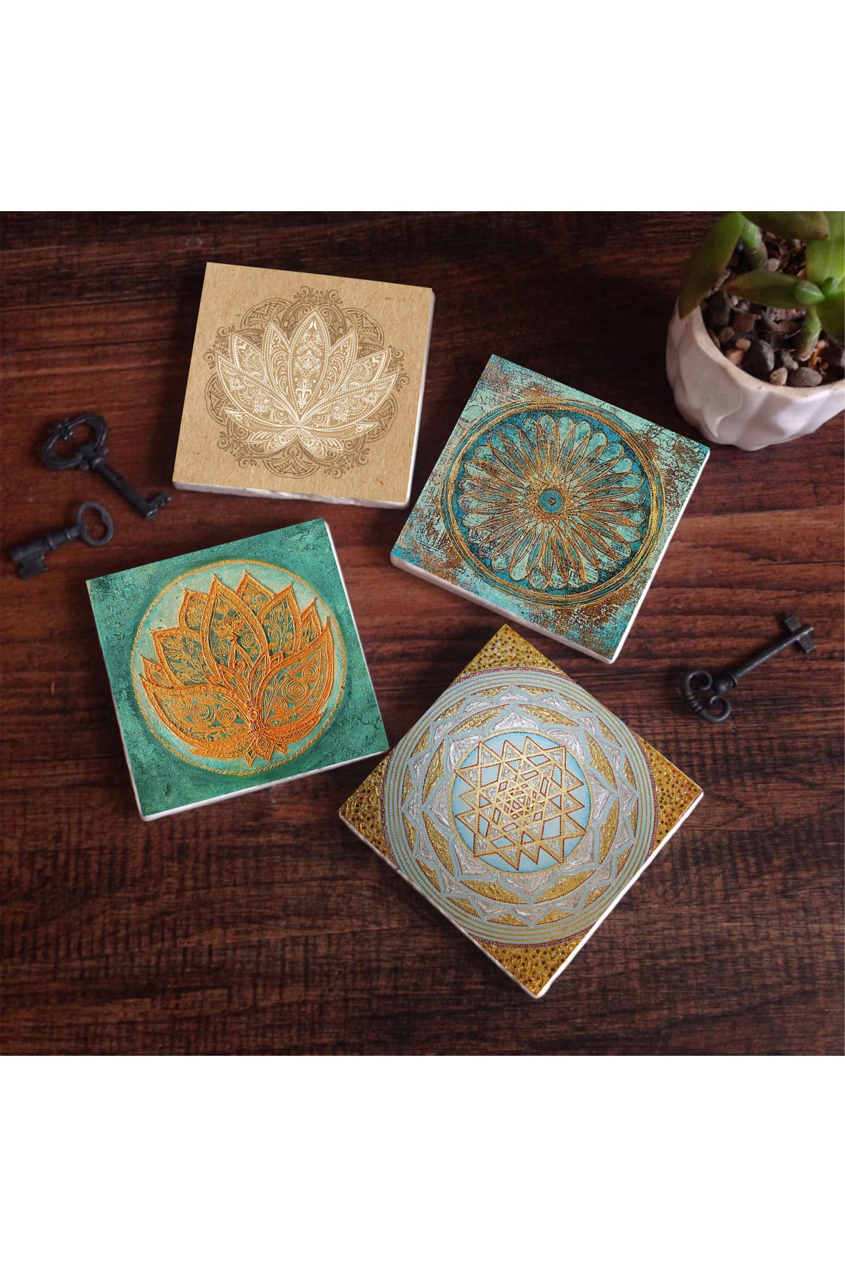 Flower of Life, Lotus Flower, Sri Yantra Stone Coasters Desktop Protective Coasters 4 Piece Set 10x10cm Stone Coasters