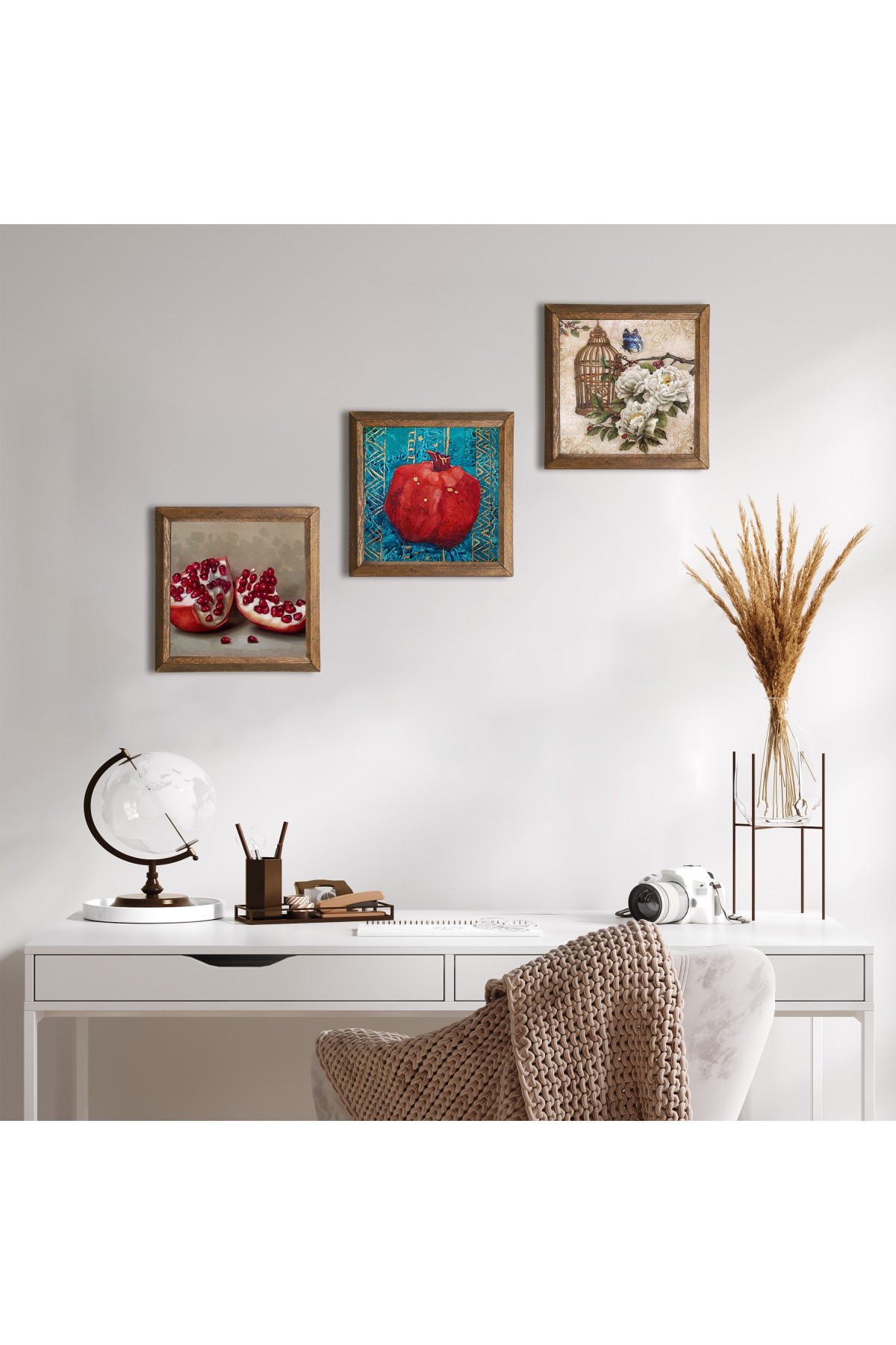 Kelebekli Çiçek, Nar Taş Duvar Tablosu Ahşap Çerçeveli Duvar Dekoru 3 Parça Tablo Seti Wall Art