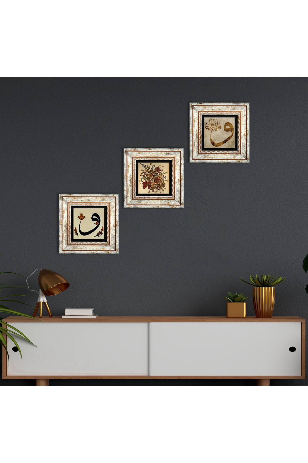 Vintage Çiçek, Vav Taş Duvar Tablosu Çerçeveli Duvar Dekoru 3 Parça Tablo Seti Wall Art