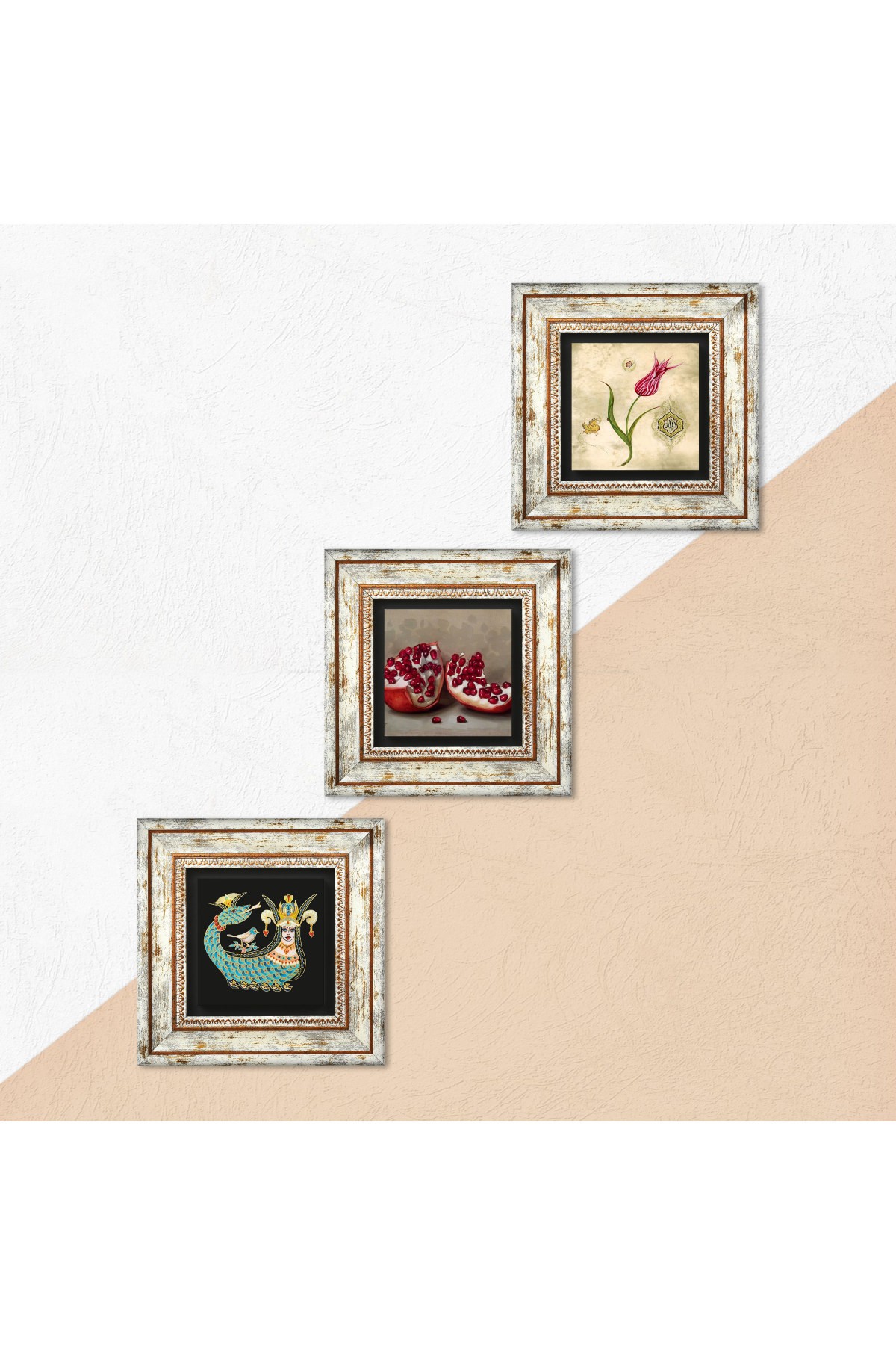 Tulip Marbling Art, Sahmeran, Pomegranate Stone Wall Painting Framed Wall Decoration 3 Piece Painting Set Wall Art