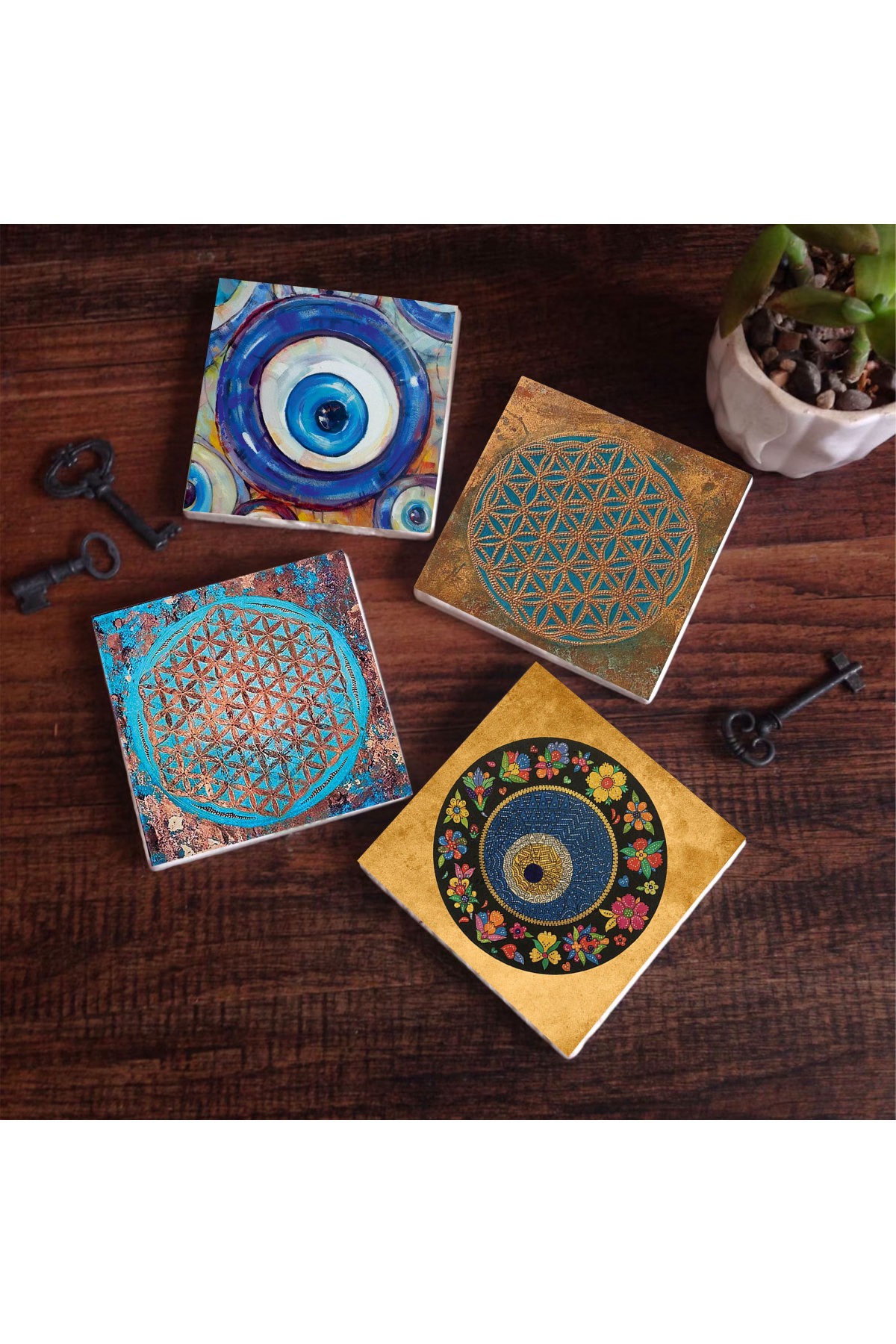 Nazar, Yaşam Çiçeği Taş Bardak Altlığı Masaüstü Koruyucu Altlık 4 Parça Set 10x10cm Stone Coasters