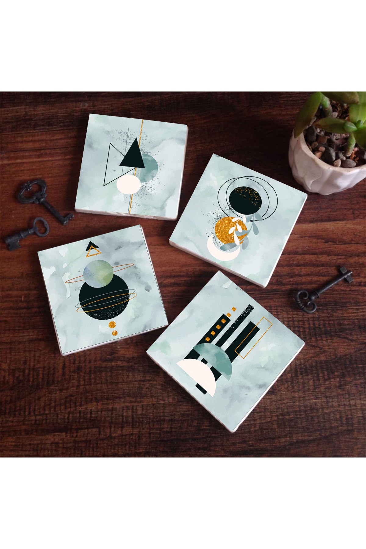 Minimalist Soyut Taş Bardak Altlığı Masaüstü Koruyucu Altlık 4 Parça Set 10x10cm Stone Coasters