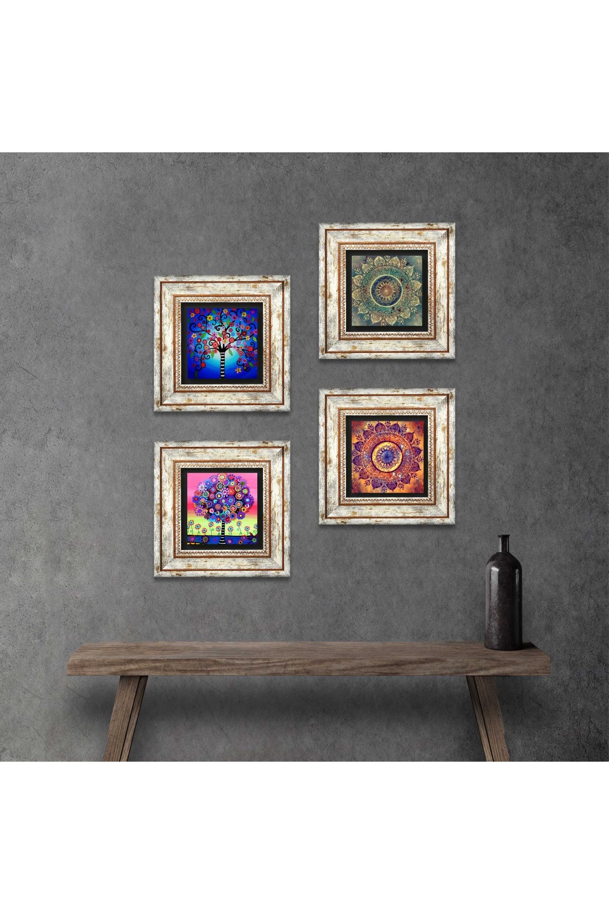 Mandala, Tree of Life Stone Wall Painting Framed Wall Decor 4 Piece Painting Set Wall Art