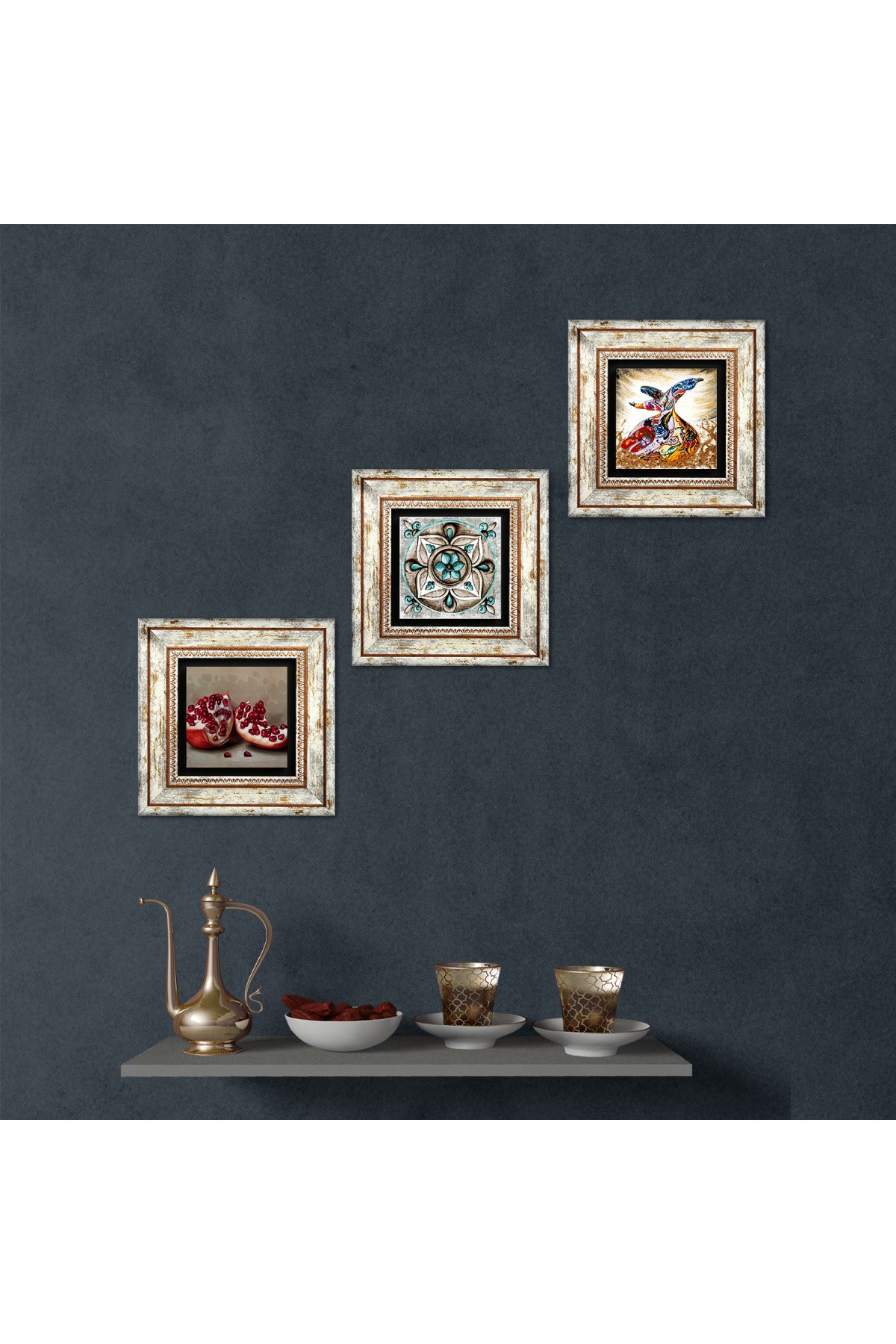 Çini Sanatı, Semazen, Nar Taş Duvar Tablosu Çerçeveli Duvar Dekoru 3 Parça Tablo Seti Wall Art