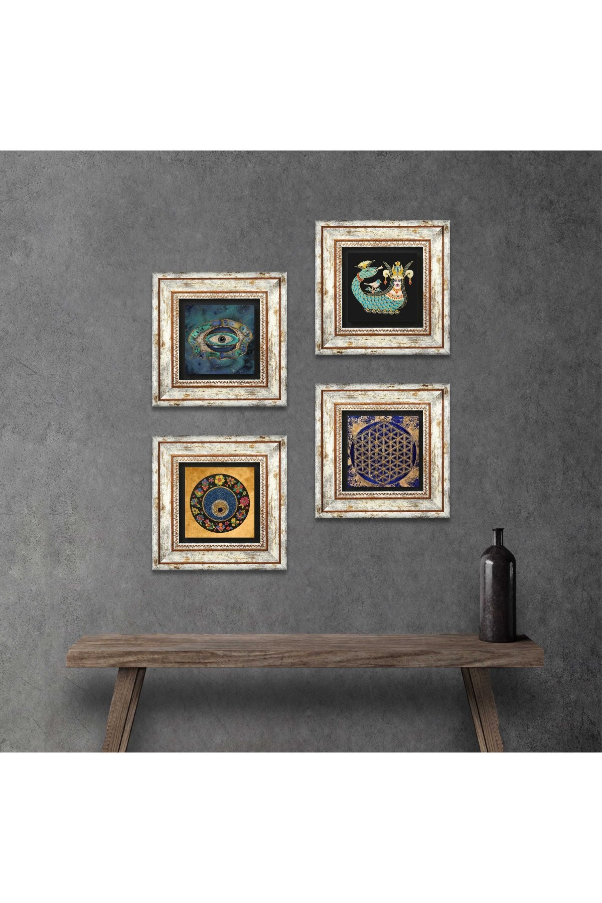 Flower of Life, Evil Eye, Shahmaran Stone Wall Painting Framed Wall Decor 4 Piece Painting Set Wall Art