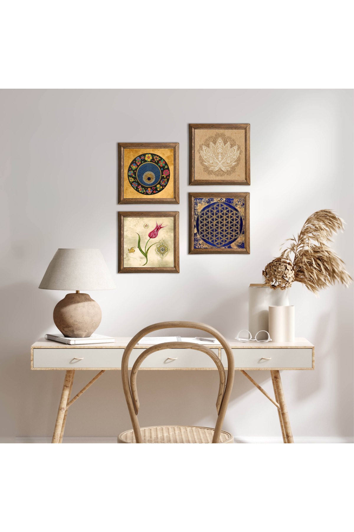 Lotus Çiçeği, Yaşam Çiçeği, Lale, Nazar Taş Duvar Tablosu Ahşap Çerçeveli Duvar Dekoru 4 Parça Tablo Seti Wall Art