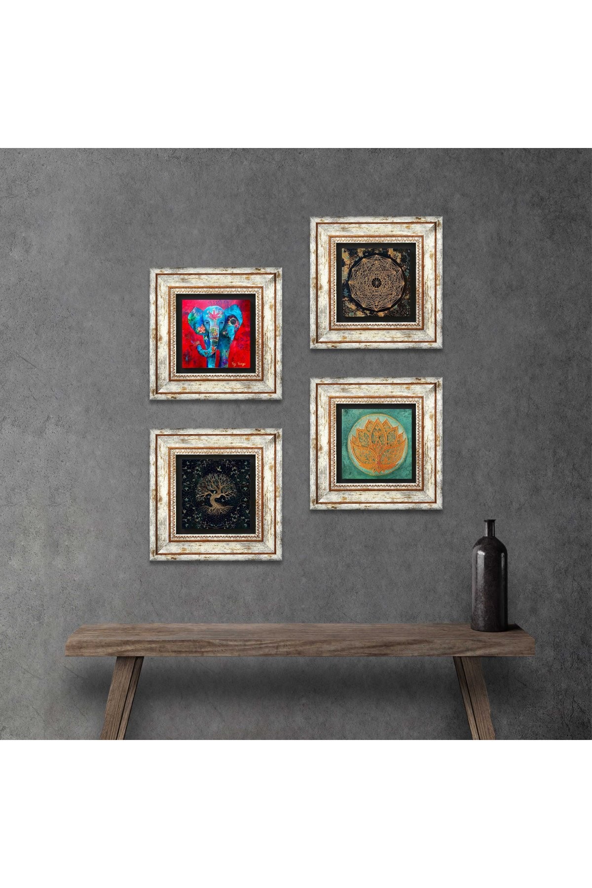 Fil, Sri Yantra, Lotus Çiçeği, Hayat Ağacı Taş Duvar Tablosu Çerçeveli Duvar Dekoru 4 Parça Tablo Seti Wall Art