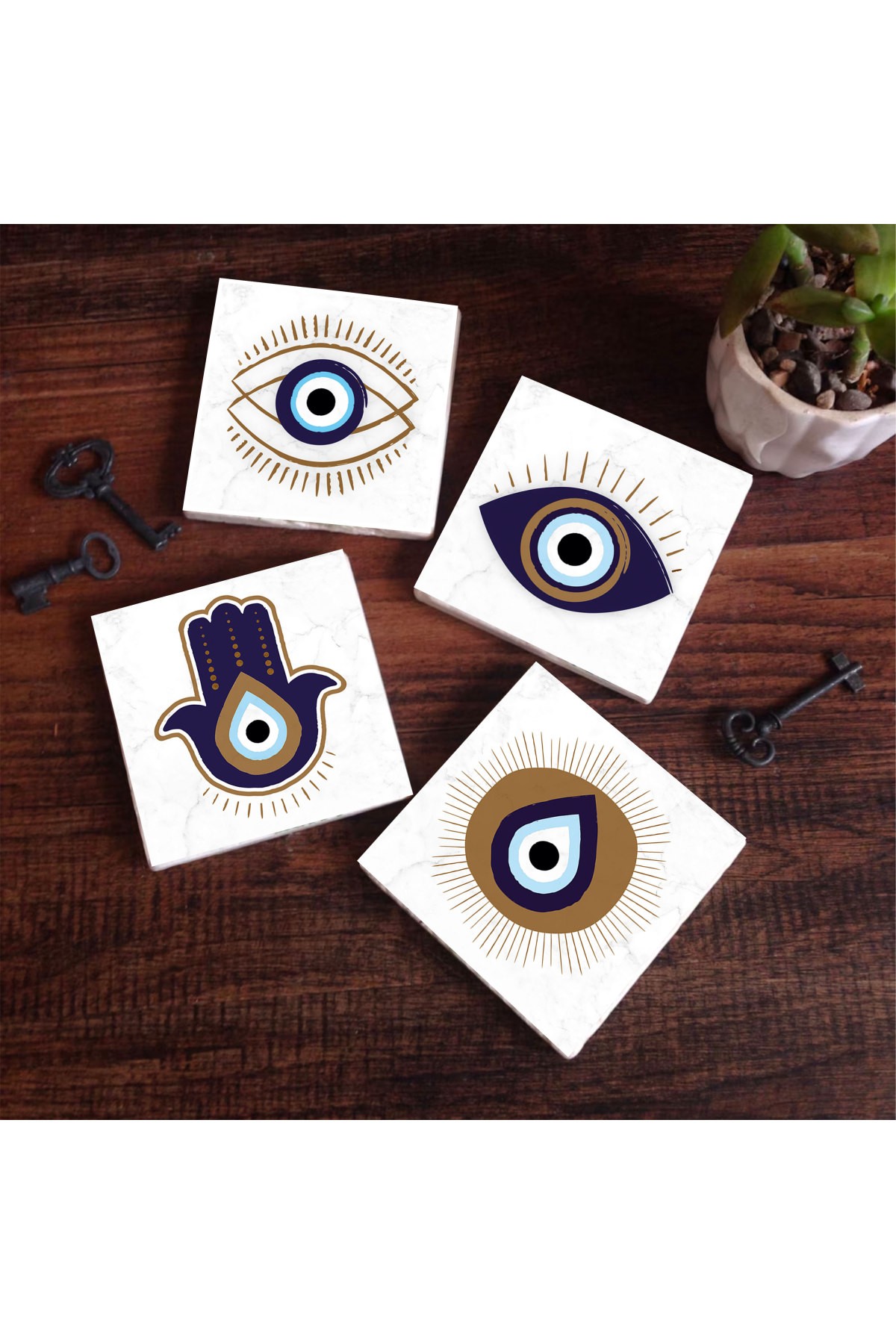 Mother of Fatma Hand (Hamsa), Evil Eye Stone Coaster Desktop Protective Coaster 4 Piece Set 10x10cm Stone Coasters