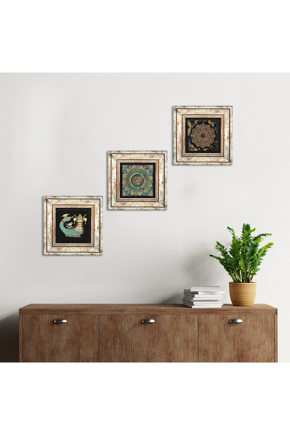 Mandala, Sri Yantra, Şahmeran Taş Duvar Tablosu Çerçeveli Duvar Dekoru 3 Parça Tablo Seti Wall Art