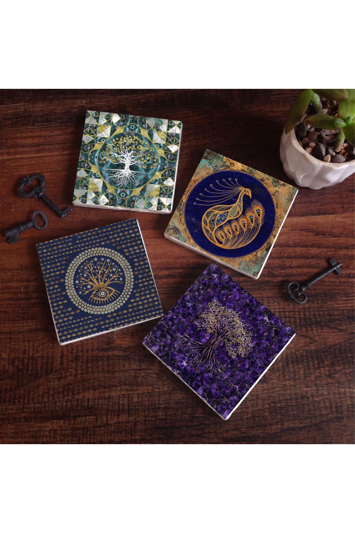 Tree of Life, Evil Eye, Peacock Stone Coasters Desktop Protective Coasters 4 Piece Set 10x10cm Stone Coasters