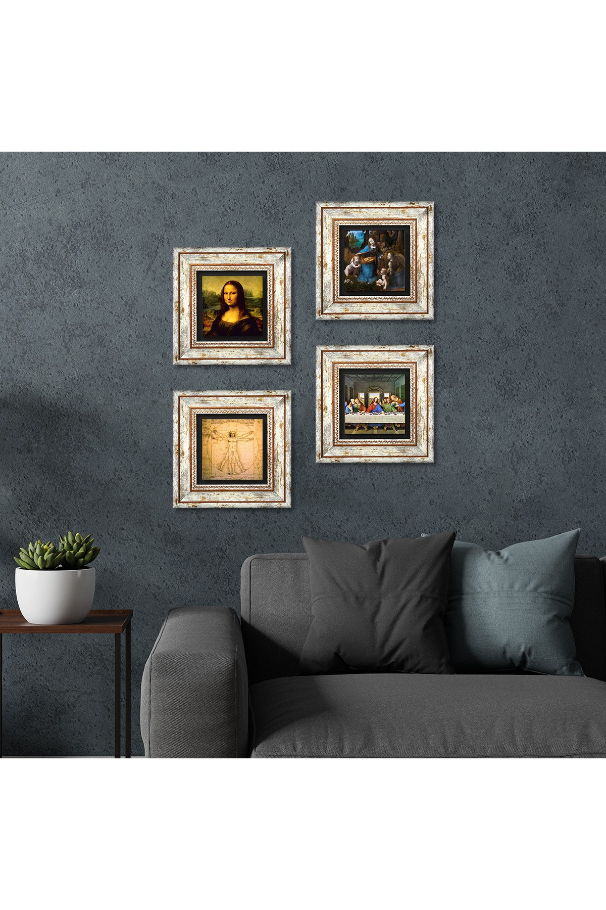 Leonardo da Vinci Taş Duvar Tablosu Çerçeveli Duvar Dekoru 4 Parça Tablo Seti Wall Art