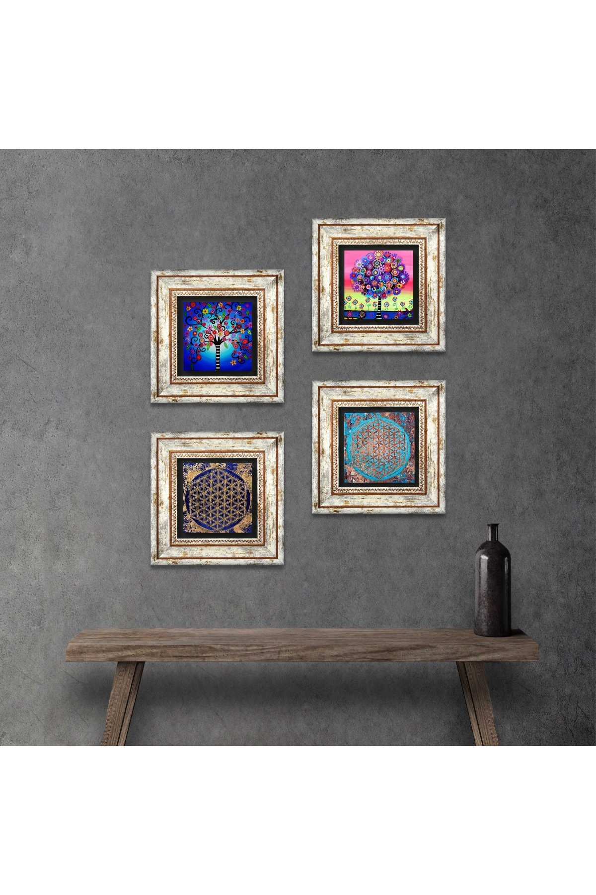 Flower of Life, Tree of Life Stone Wall Painting Framed Wall Decor 4 Piece Painting Set Wall Art