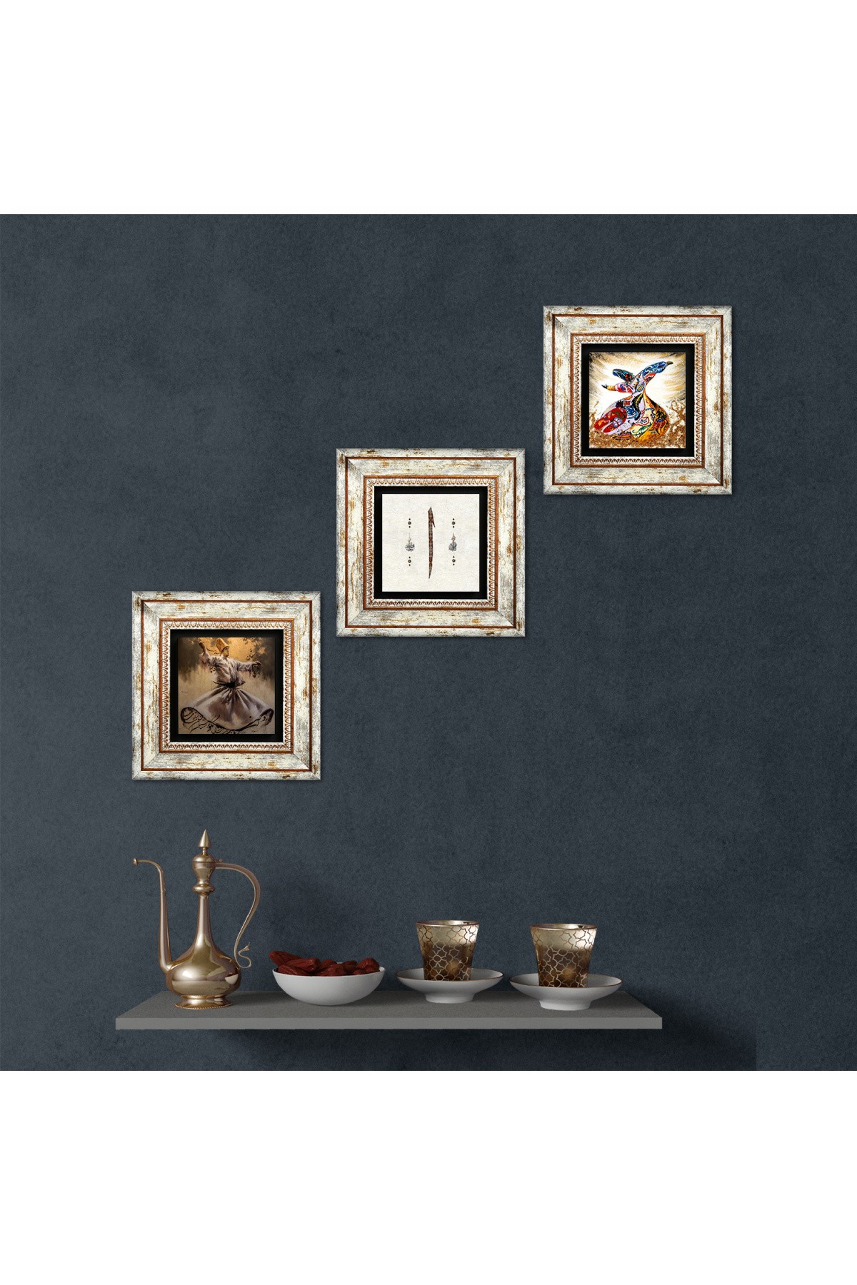 Elif, Whirling Dervish Stone Wall Painting Framed Wall Decor 3 Piece Painting Set Wall Art