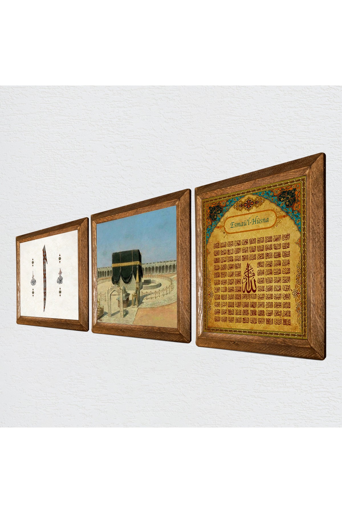 Kaaba-i Muazzama, Elif, Esma'ül Hüsna Stone Wall Painting Wooden Framed Wall Decor 3 Piece Painting Set Wall Art