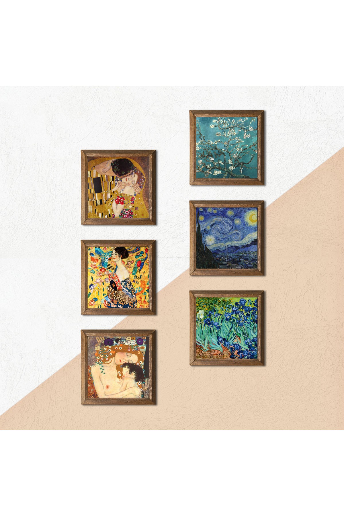 Gustav Klimt, Van Gogh Stone Wall Painting Wooden Framed Wall Decor 6 Piece Painting Set Wall Art