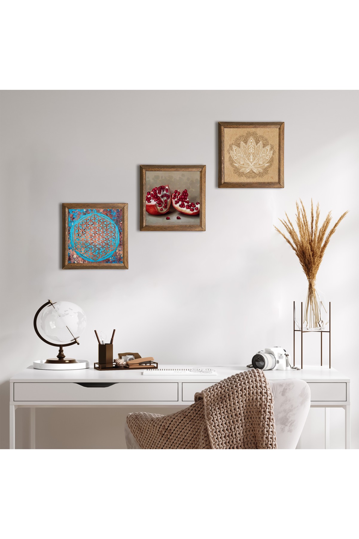 Yaşam Çiçeği, Lotus Çiçeği, Nar Taş Duvar Tablosu Ahşap Çerçeveli Duvar Dekoru 3 Parça Tablo Seti Wall Art