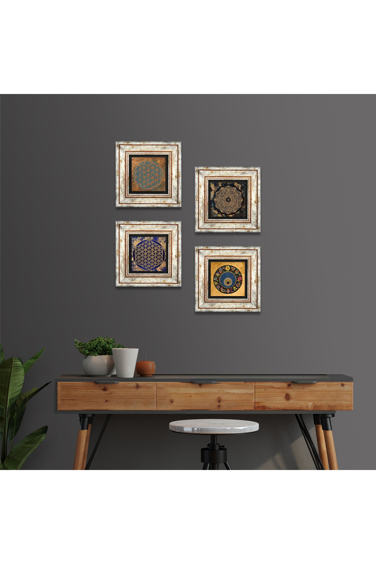 Sri Yantra, Yaşam Çiçeği, Nazar Taş Duvar Tablosu Çerçeveli Duvar Dekoru 4 Parça Tablo Seti Wall Art