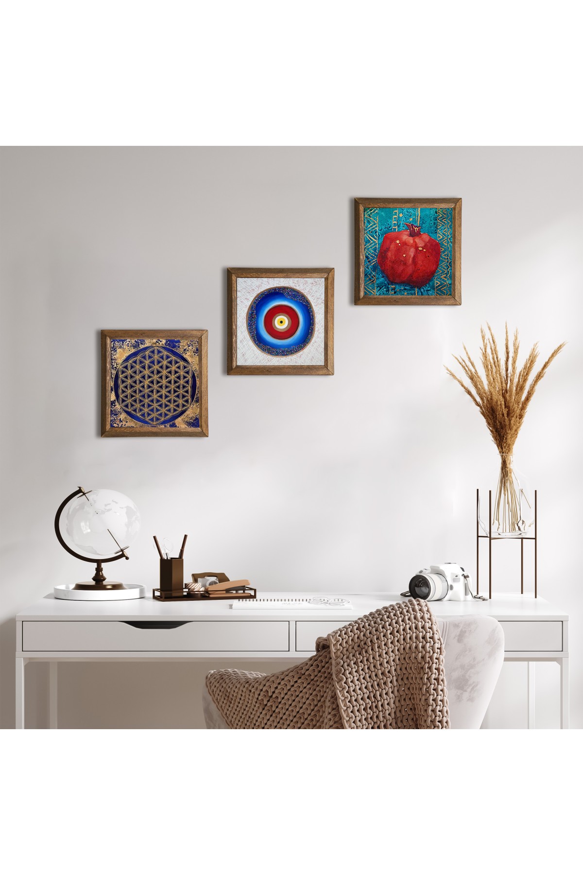 Evil Eye, Flower of Life, Pomegranate Stone Wall Painting Wooden Framed Wall Decor 3 Piece Painting Set Wall Art