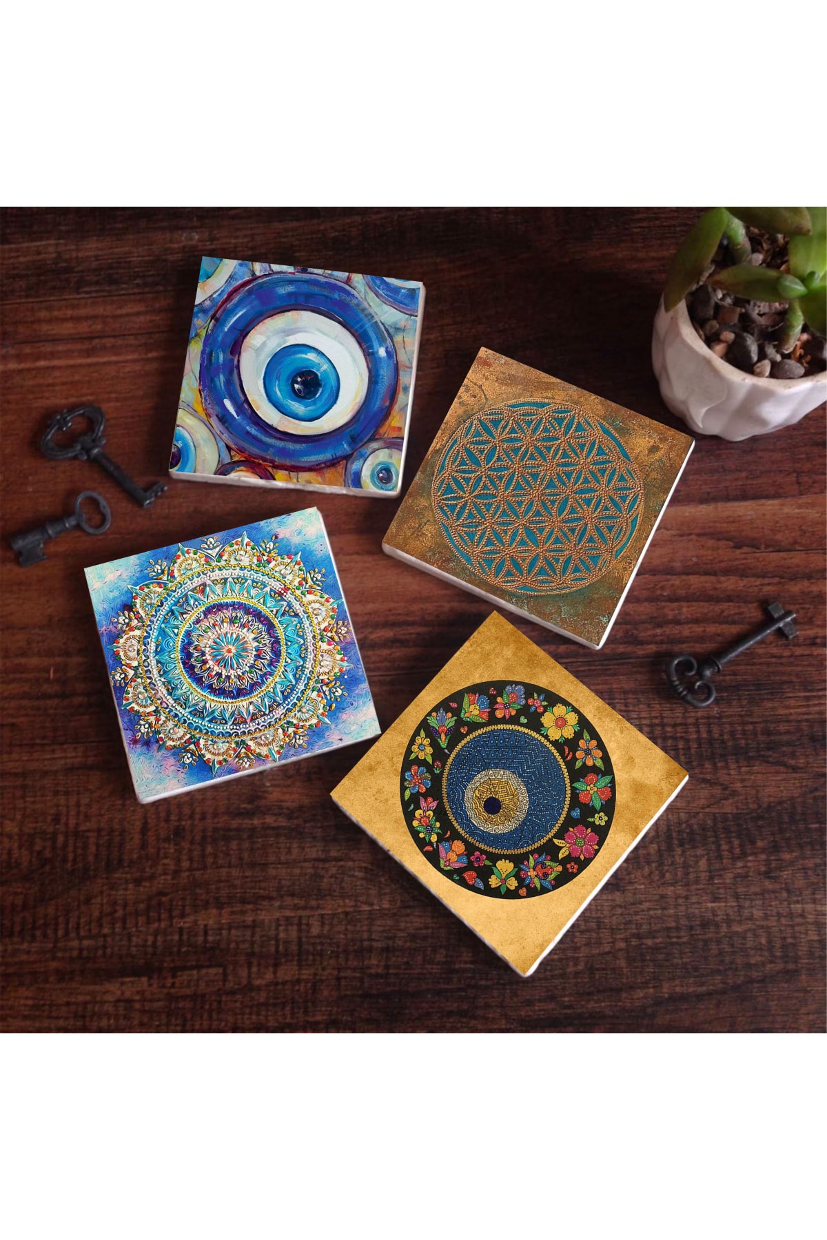 Nazar, Yaşam Çiçeği, Mandala Taş Bardak Altlığı Masaüstü Koruyucu Altlık 4 Parça Set 10x10cm Stone Coasters